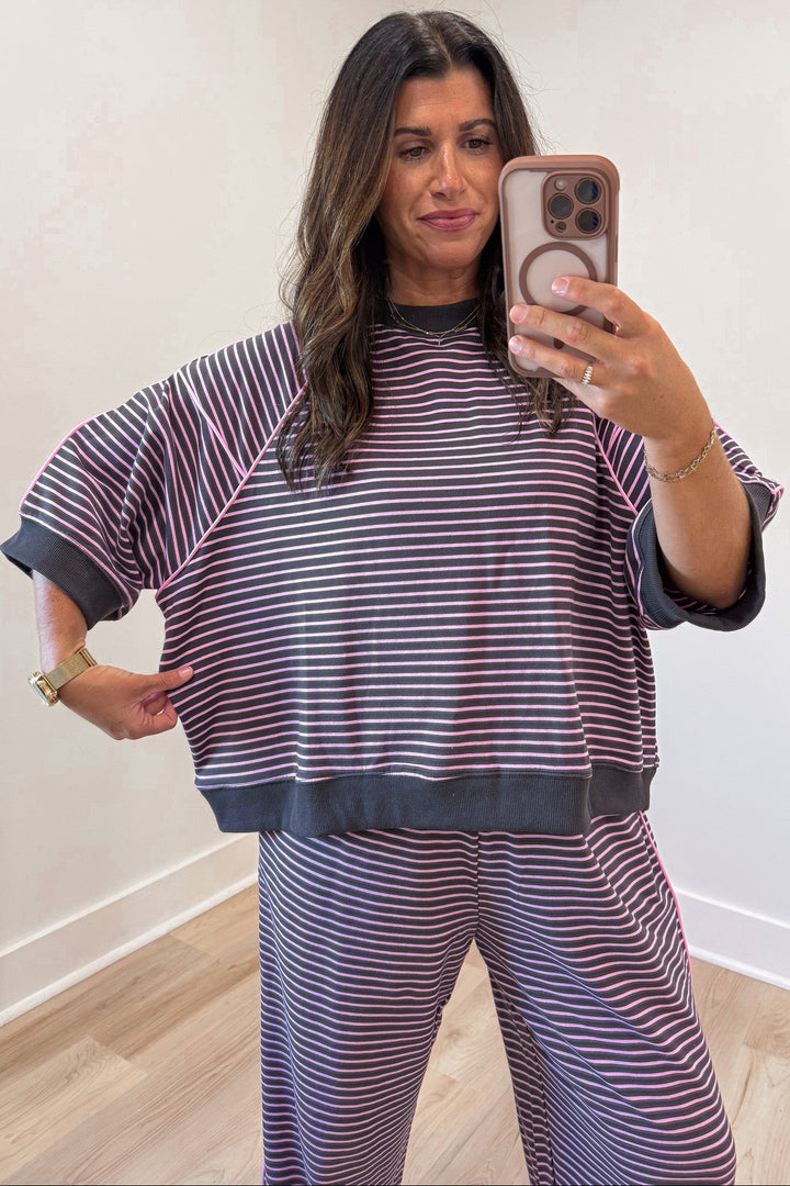 chocolate brown and pink striped relaxed silhouette top and jogger pants matching knit set