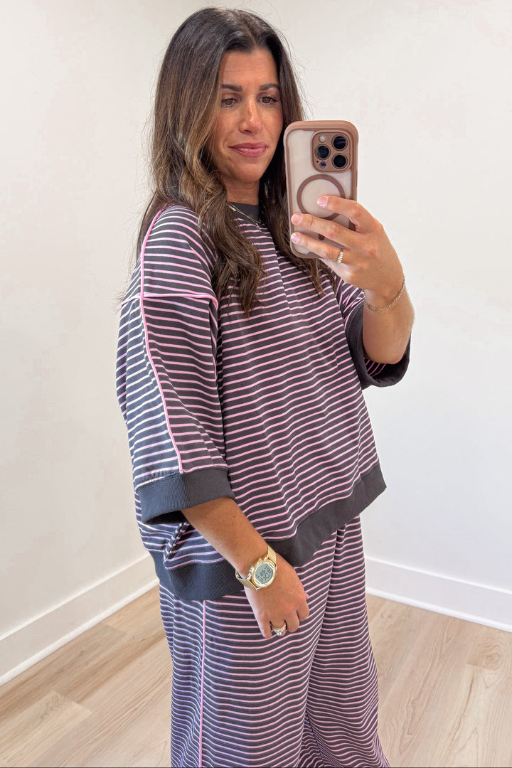chocolate brown and pink striped drop shoulder top and jogger pants matching knit set