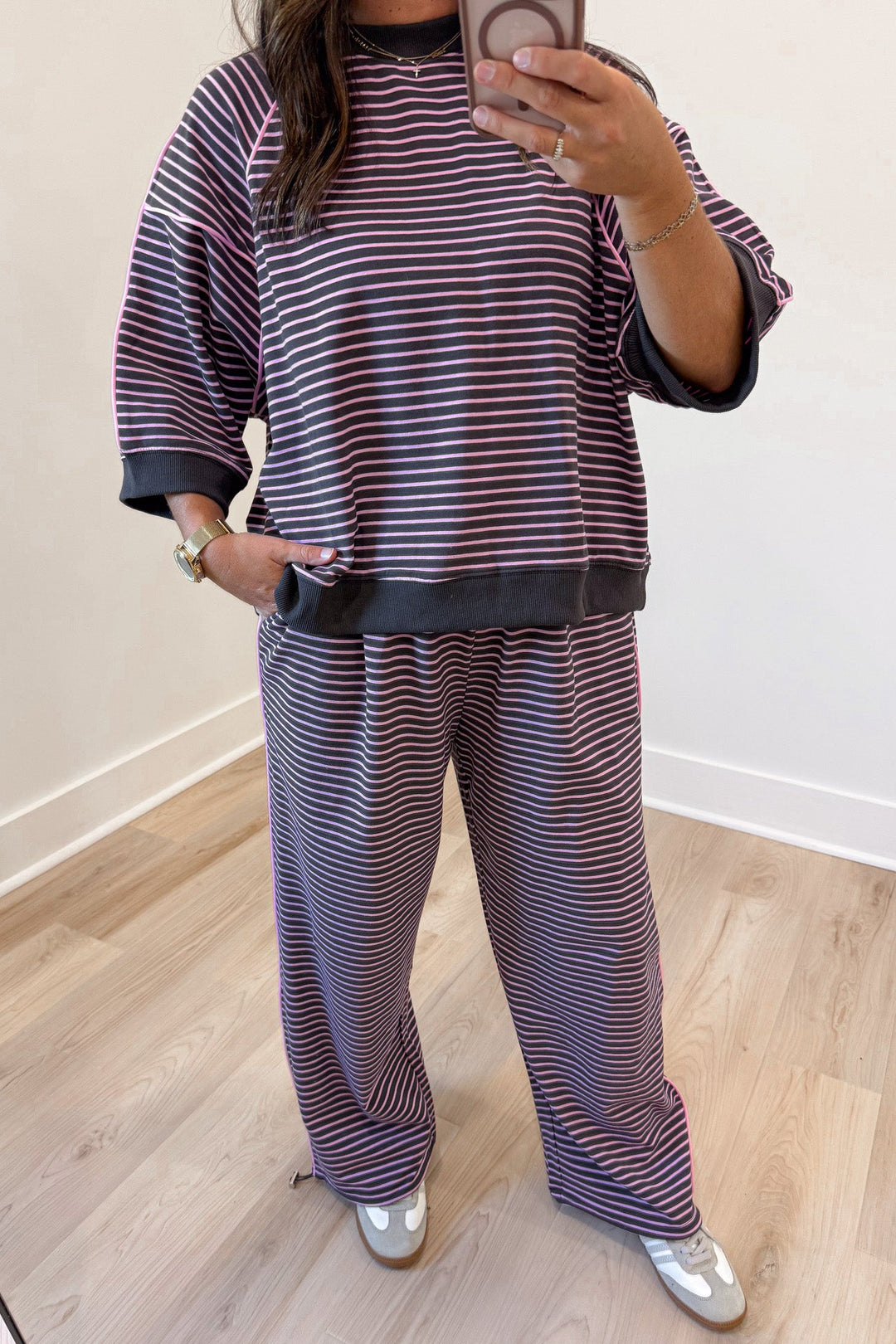 chocolate brown and pink horizontal striped top and jogger pants matching knit set