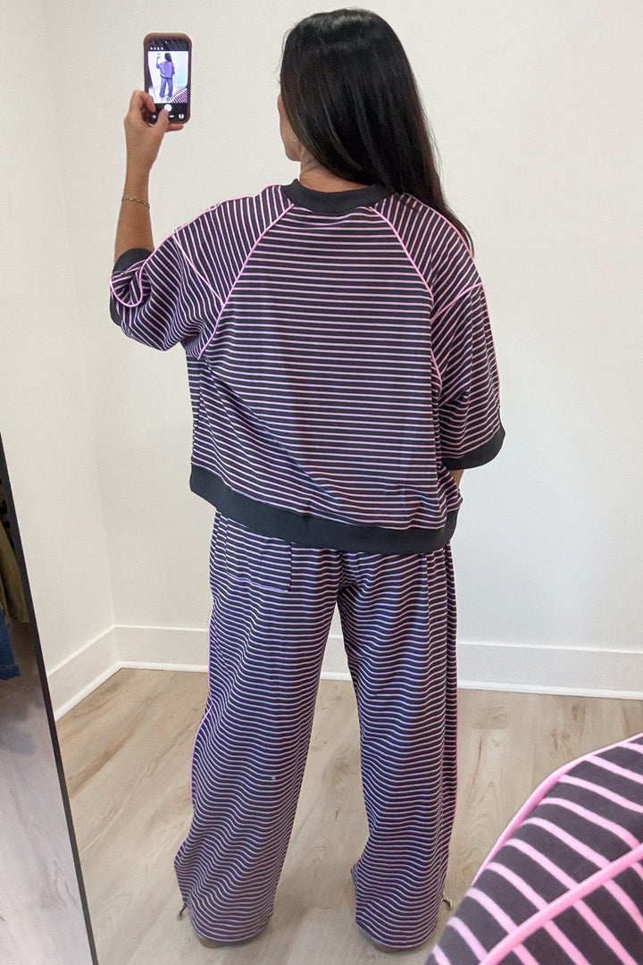 chocolate brown and pink striped top and cinch ankle jogger pants matching knit set