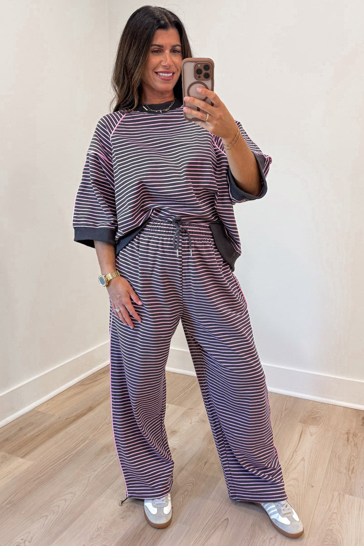 chocolate brown and pink striped top and wide leg jogger pants matching knit set