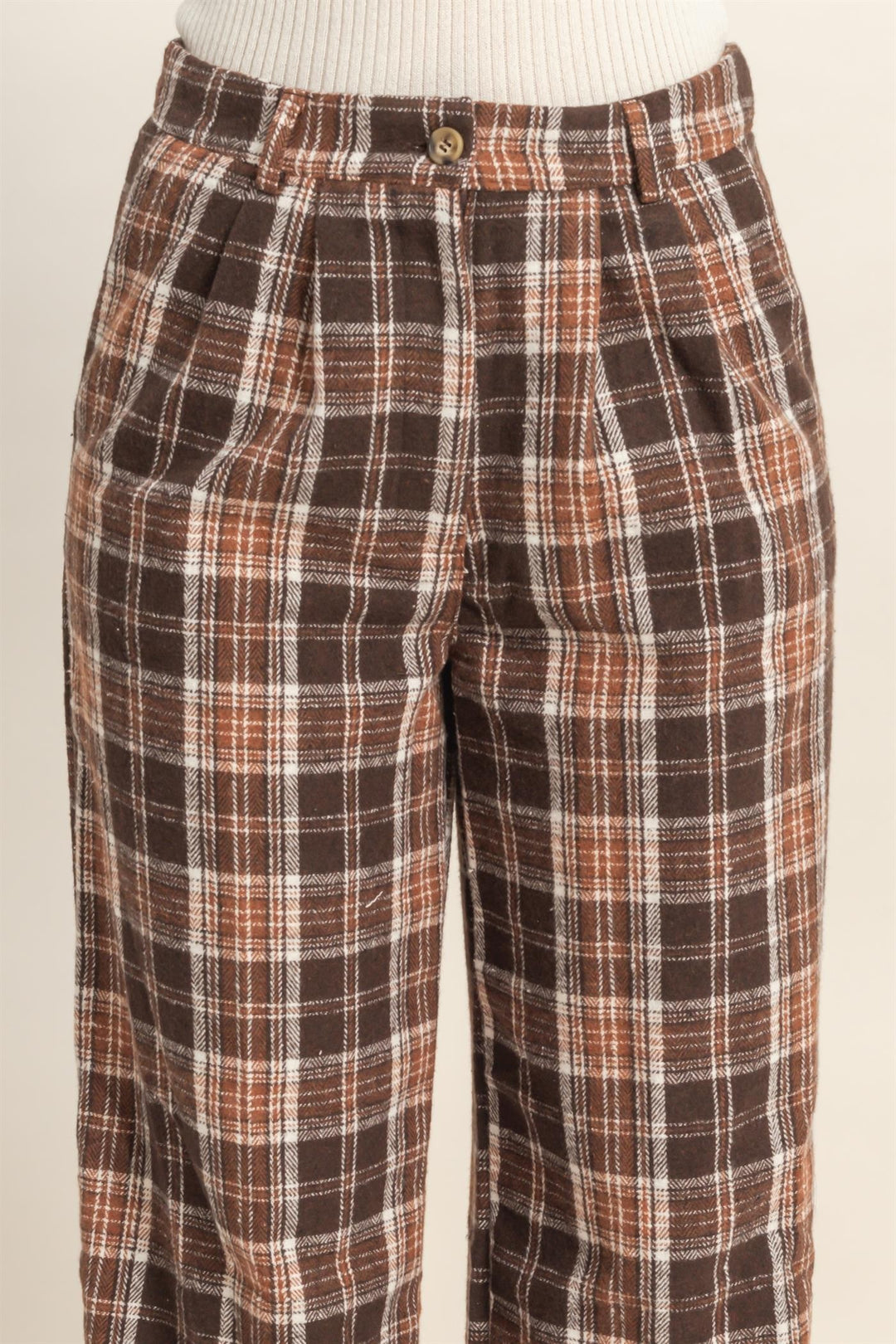 chocolate brown plaid thanksgiving pants details
