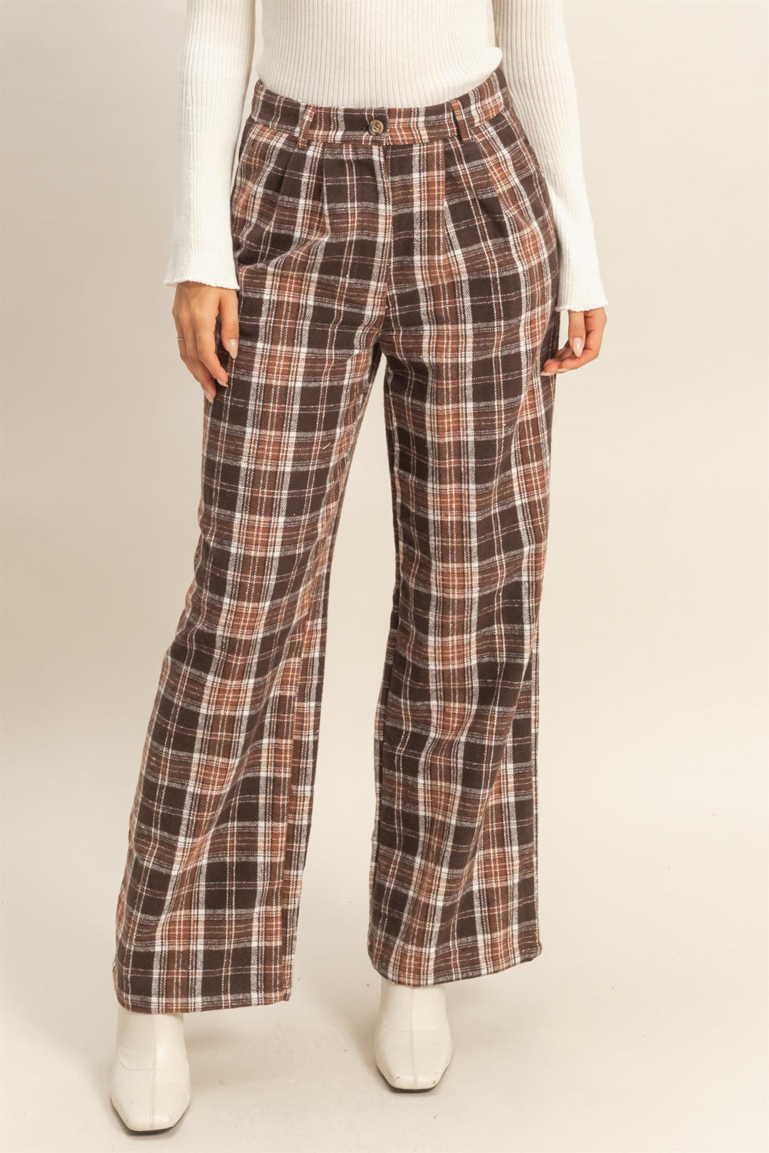 chocolate brown plaid thanksgiving pants front