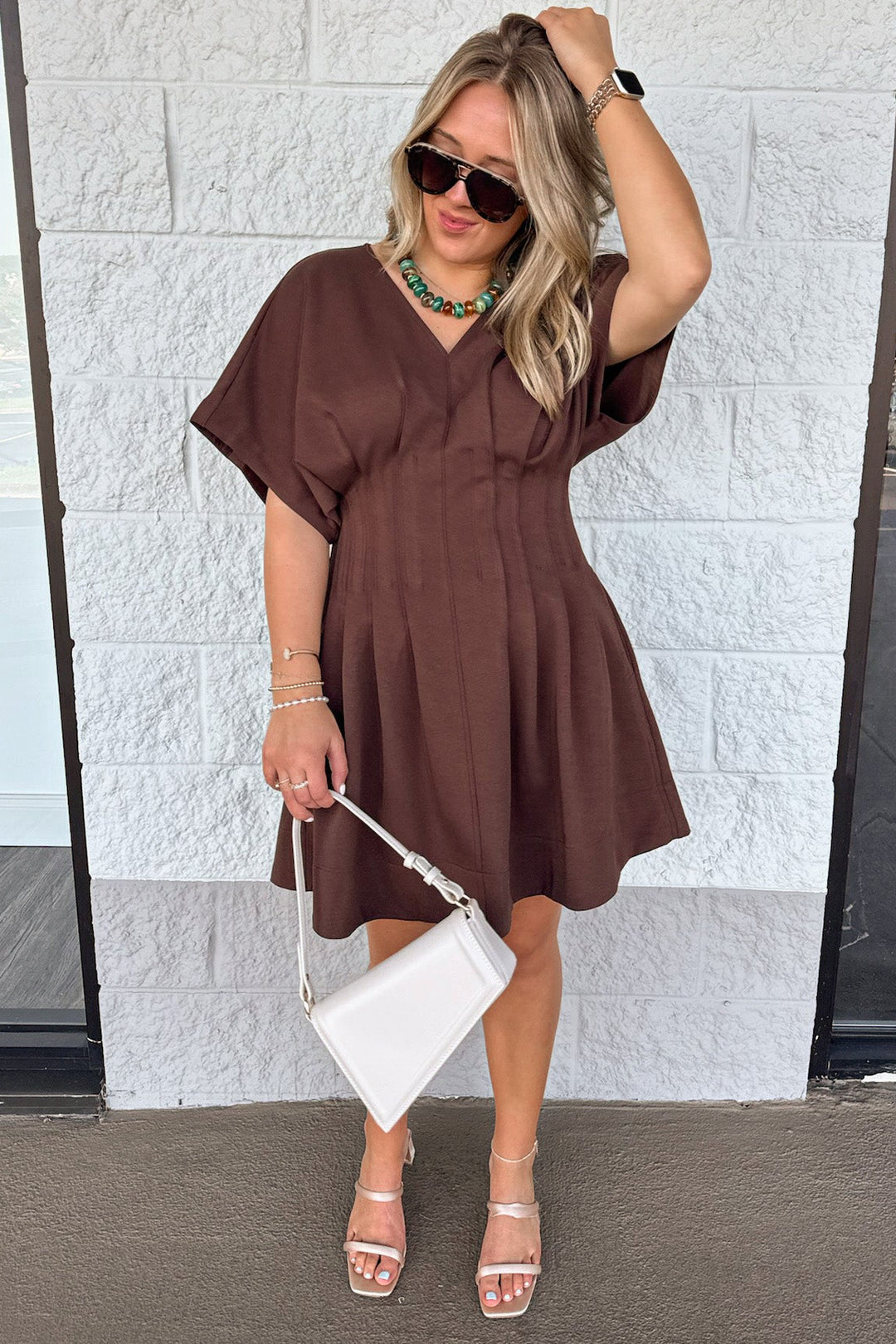 solid brown short dolman sleeve v neckline pleated short dress with pintuck details