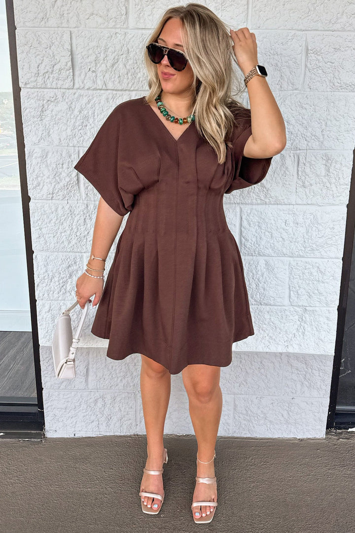 solid brown dolman sleeve v neckline gathered waist short dress with pintuck details