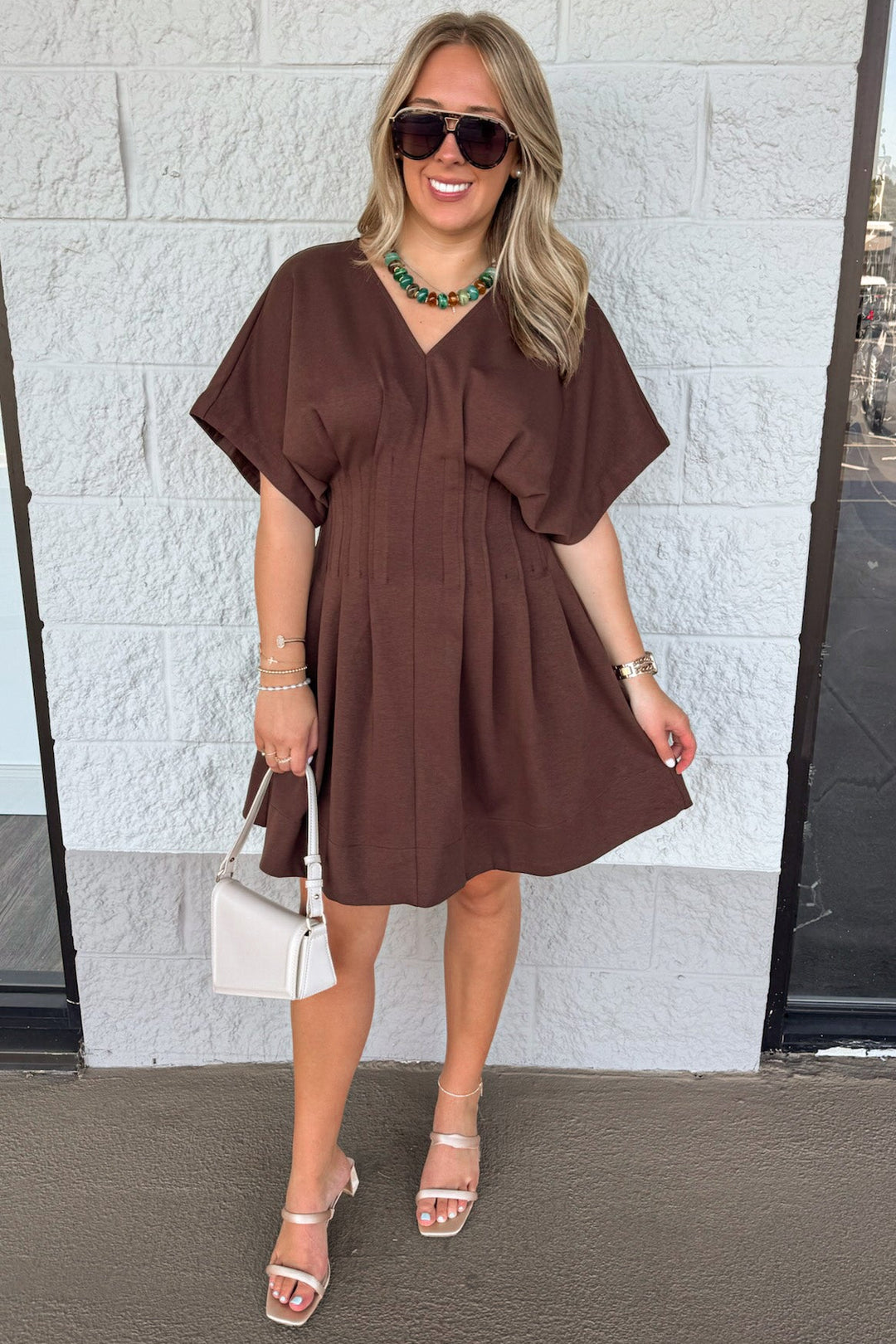 solid brown dolman sleeve v neckline pleated short dress with pintuck details