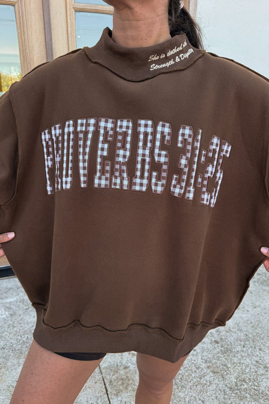 chocolate brown and ivory gingham embroidered proverbs 31:25 mock neck sweatshirt