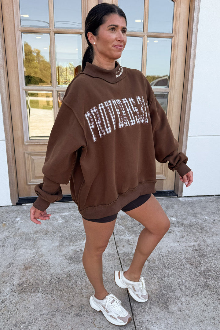 chocolate brown with embroidered gingham proverbs 31:25 long balloon sleeve mock neck sweatshirt