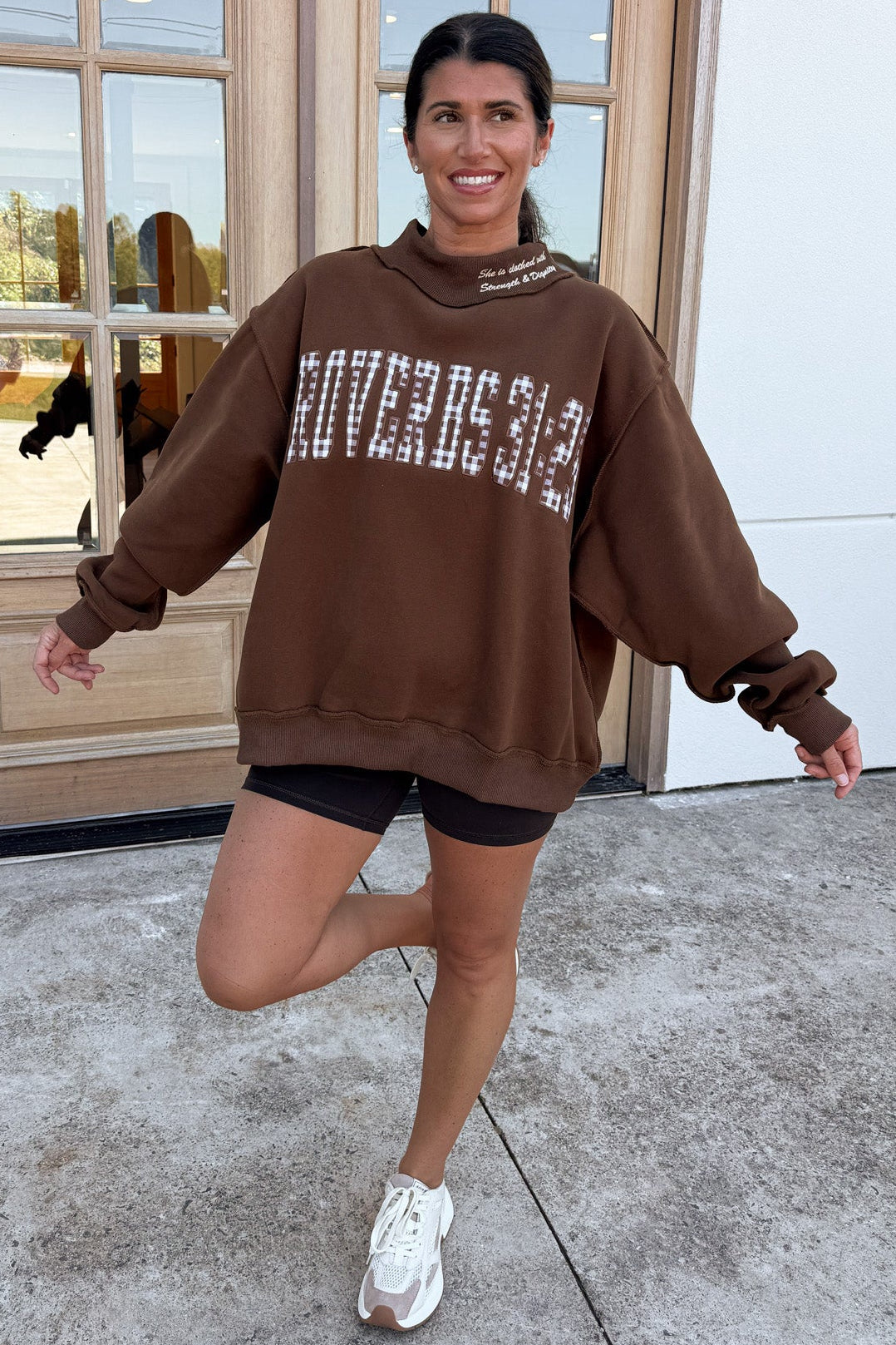 chocolate brown with embroidered gingham proverbs 31:25 mock neck sweatshirt