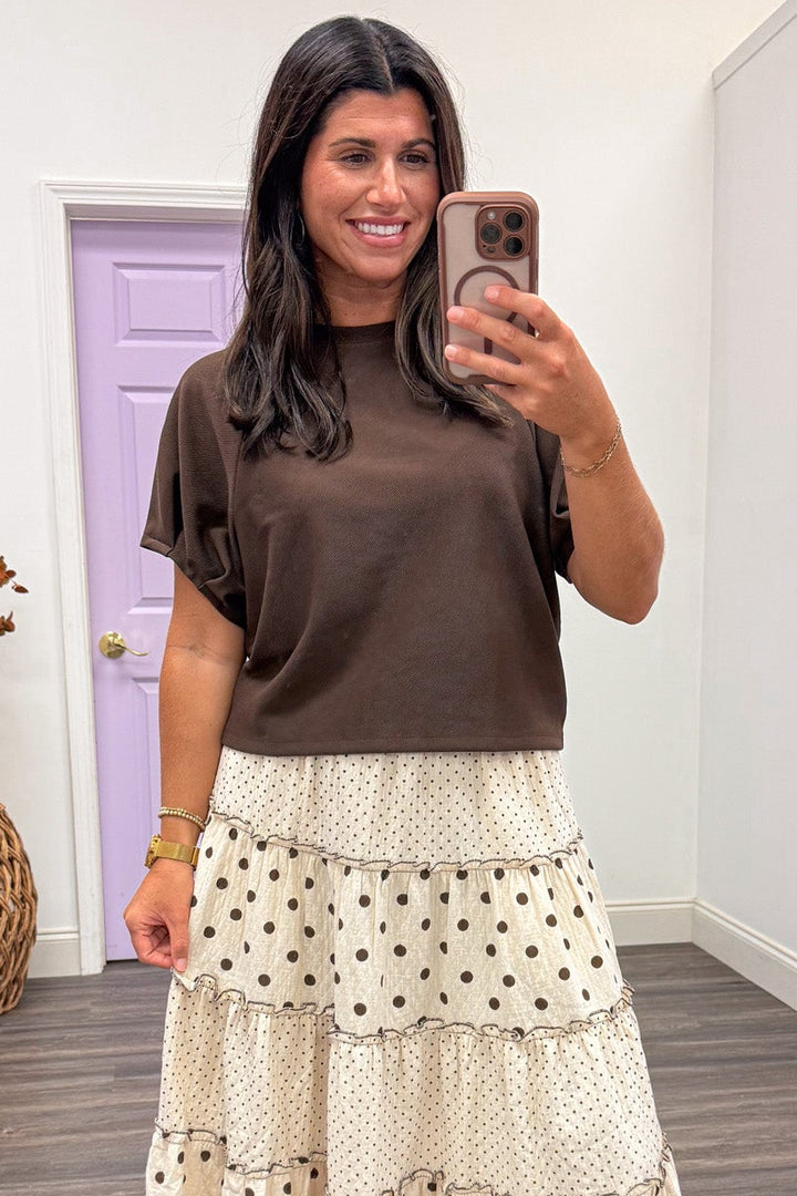 solid brown short puff sleeve crew neckline semi-cropped ribbed knit top
