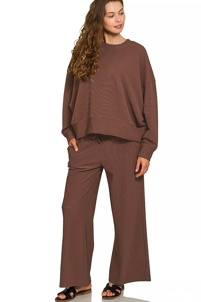 Women's brown ribbed knit wide leg pants and long sleeve top set by Zenana