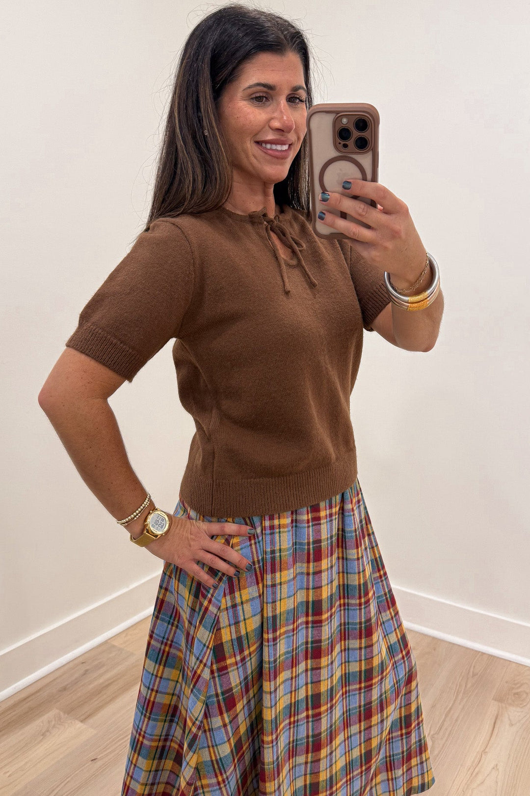 solid coffee brown cuffed short sleeve bow tie neckline semi-cropped sweater knit top