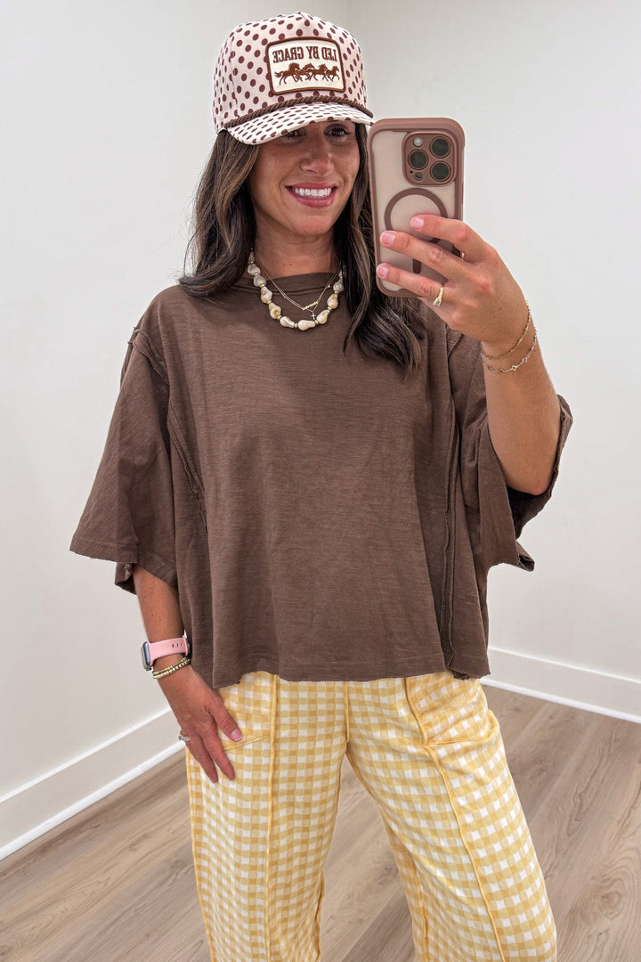 solid espresso brown short sleeve crew neckline oversized cotton t-shirt
