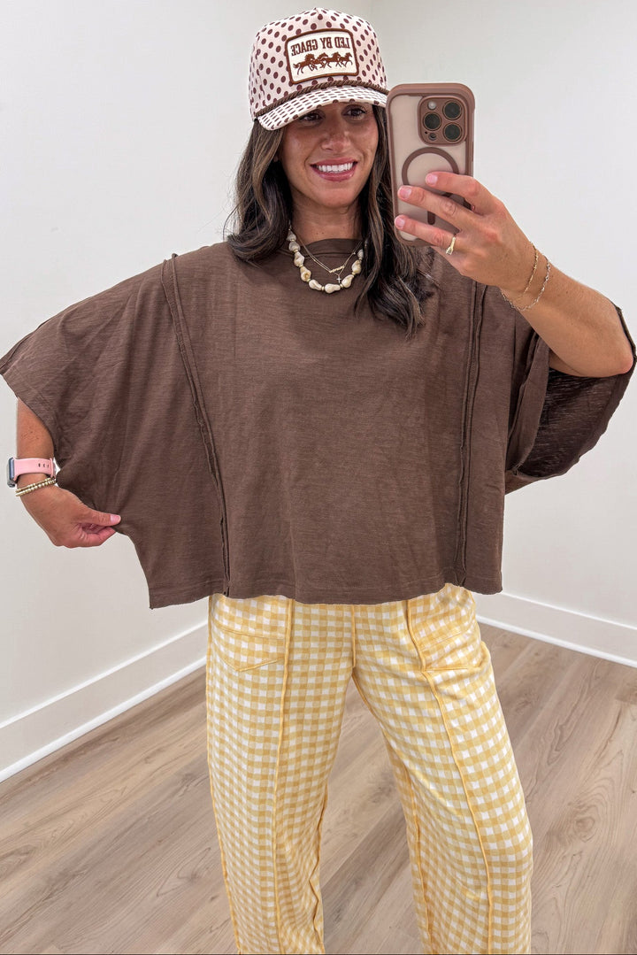 solid espresso brown short sleeve crew neckline oversized boxy fit cotton t-shirt