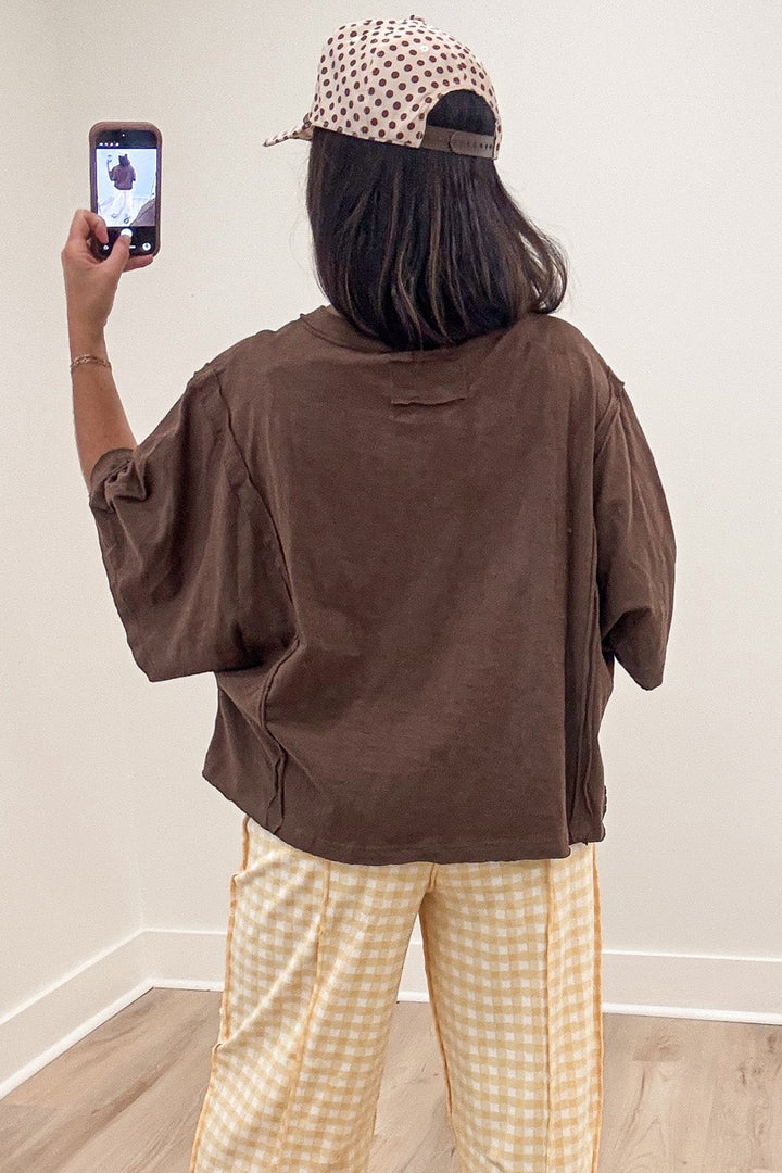 solid espresso brown short sleeve crew neckline oversized cotton t-shirt with reverse seam details