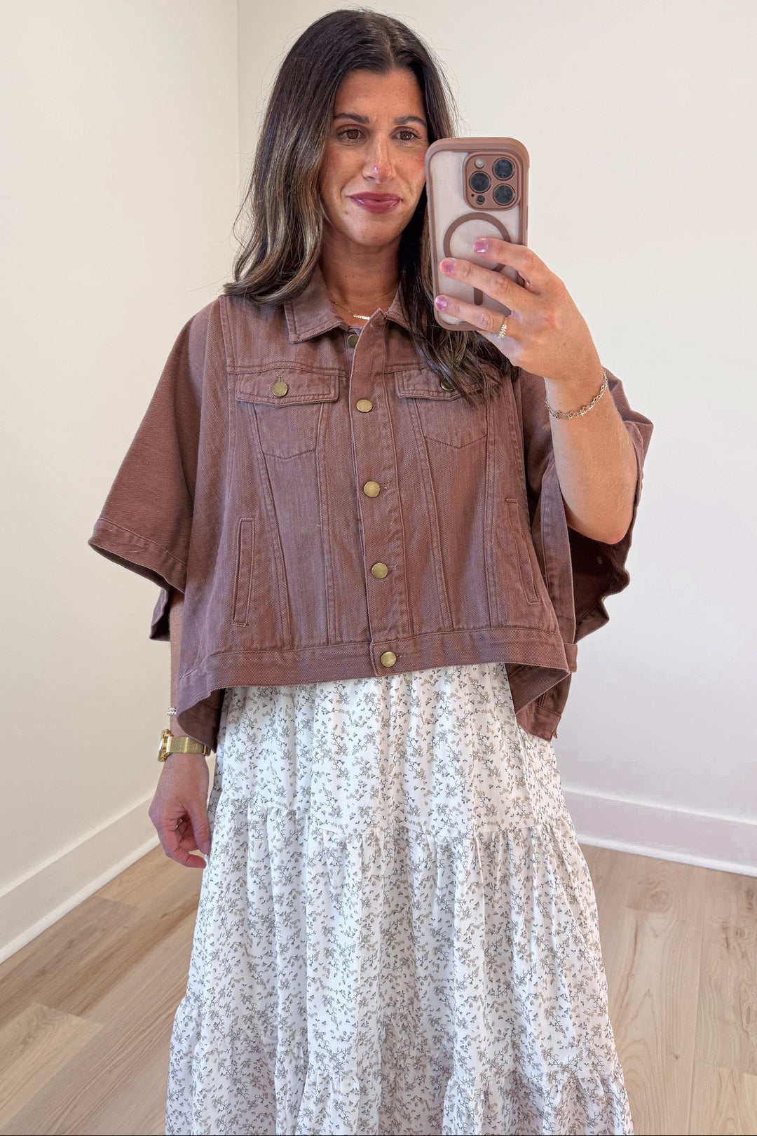 solid brown short sleeve poncho style  button front semi-cropped denim jacket top
