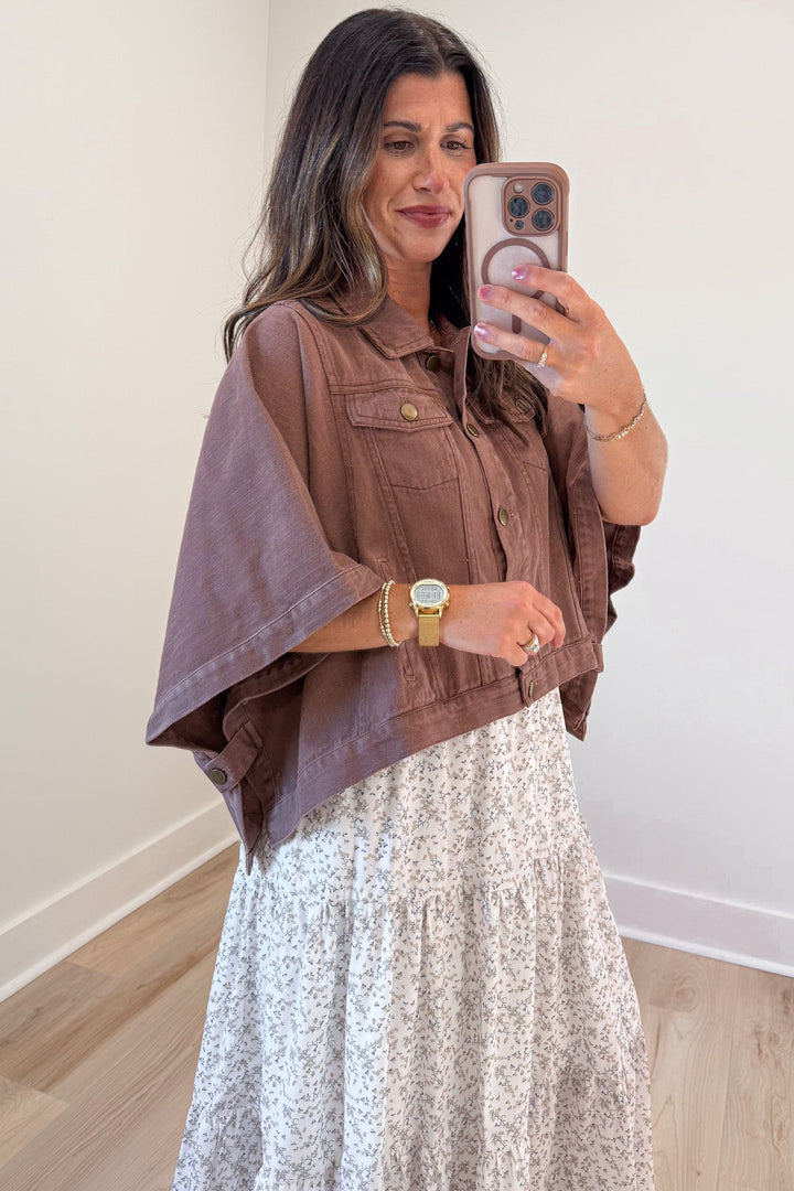 solid brown open side short drape sleeve poncho style button front semi-cropped denim jacket