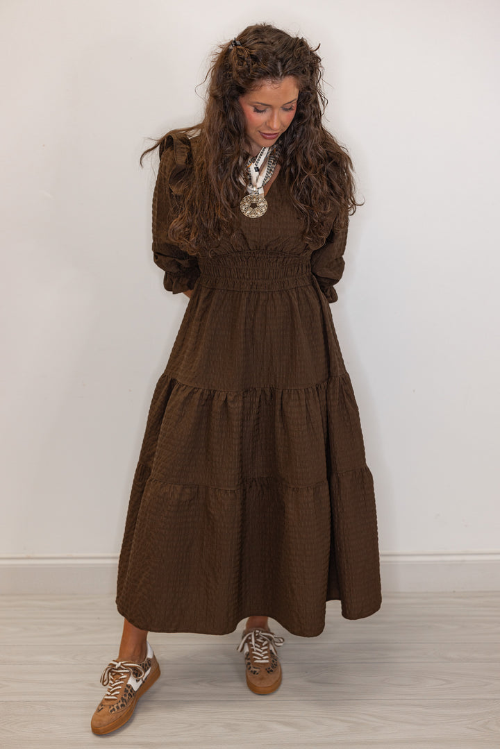 women's brown textured smocked waist midi dress