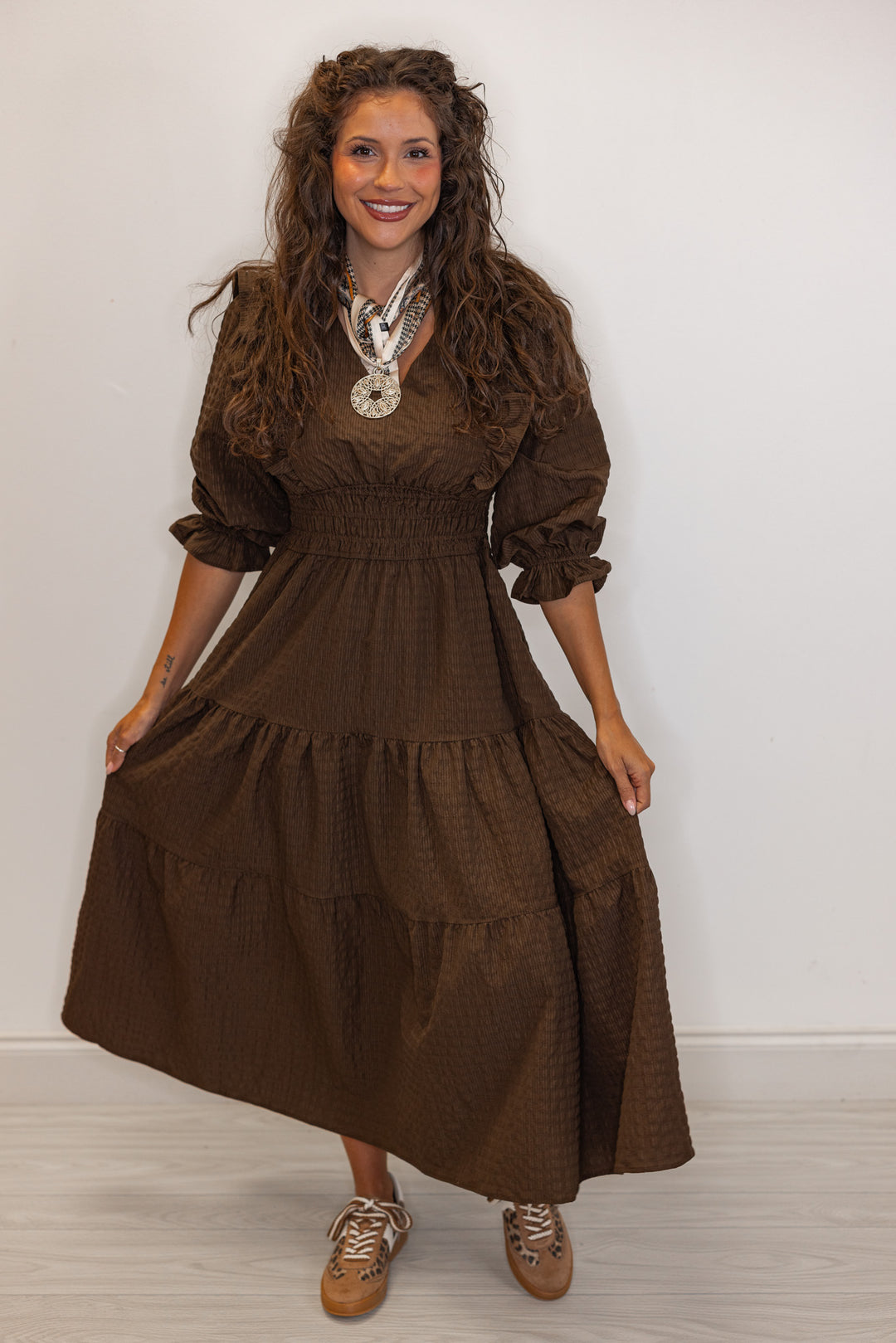 textured brown smocked waist midi dress