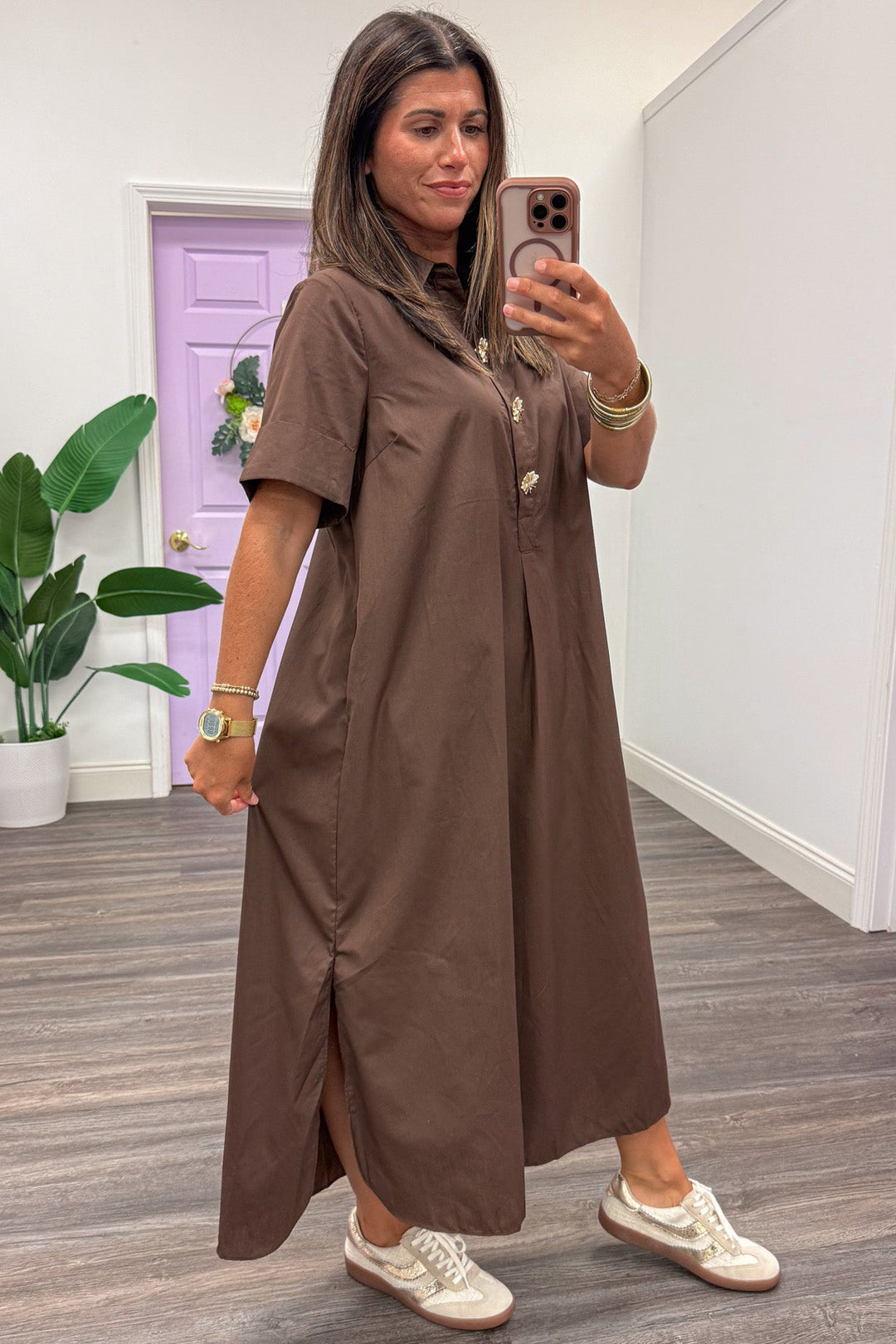 brown with decorative gold snap bodice and collared v notch neckline short sleeve midi dress