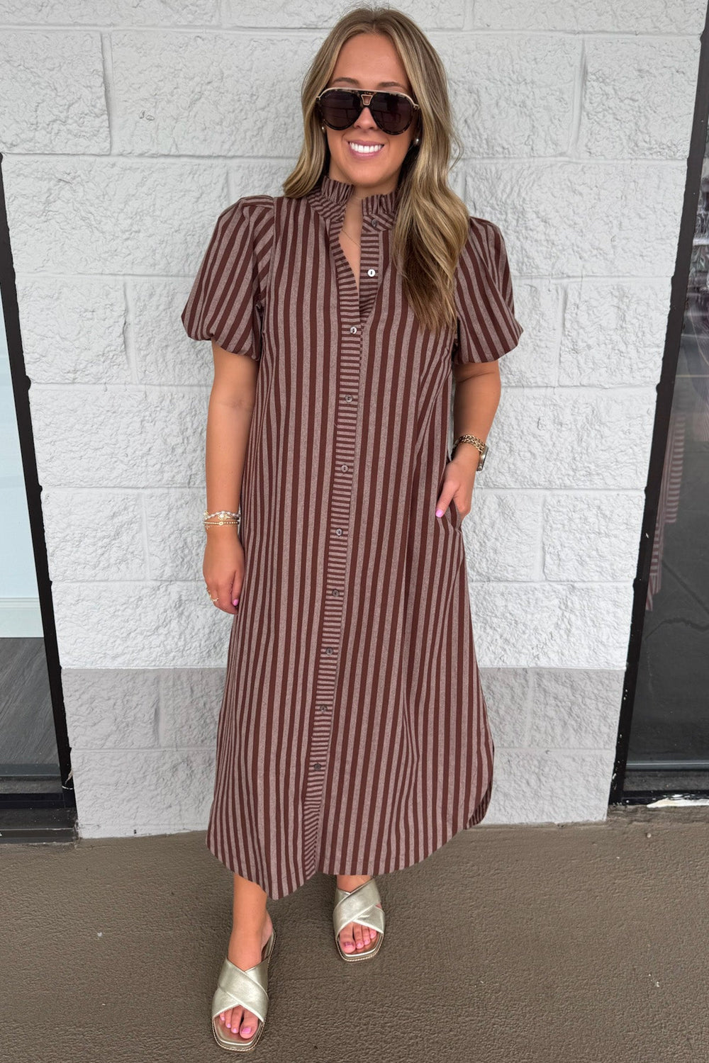 brown and mocha striped button front puff sleeve cotton midi dress with side pockets