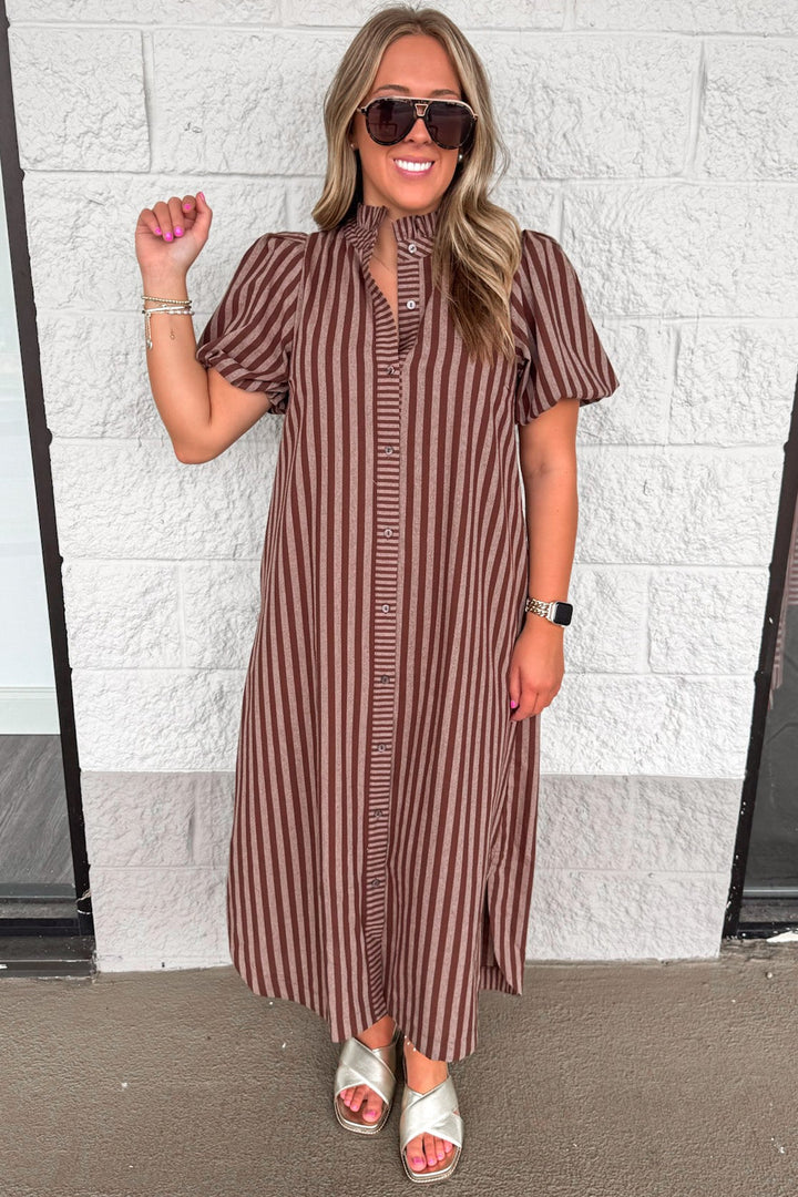 brown and mocha striped button front closure puff sleeve cotton midi dress