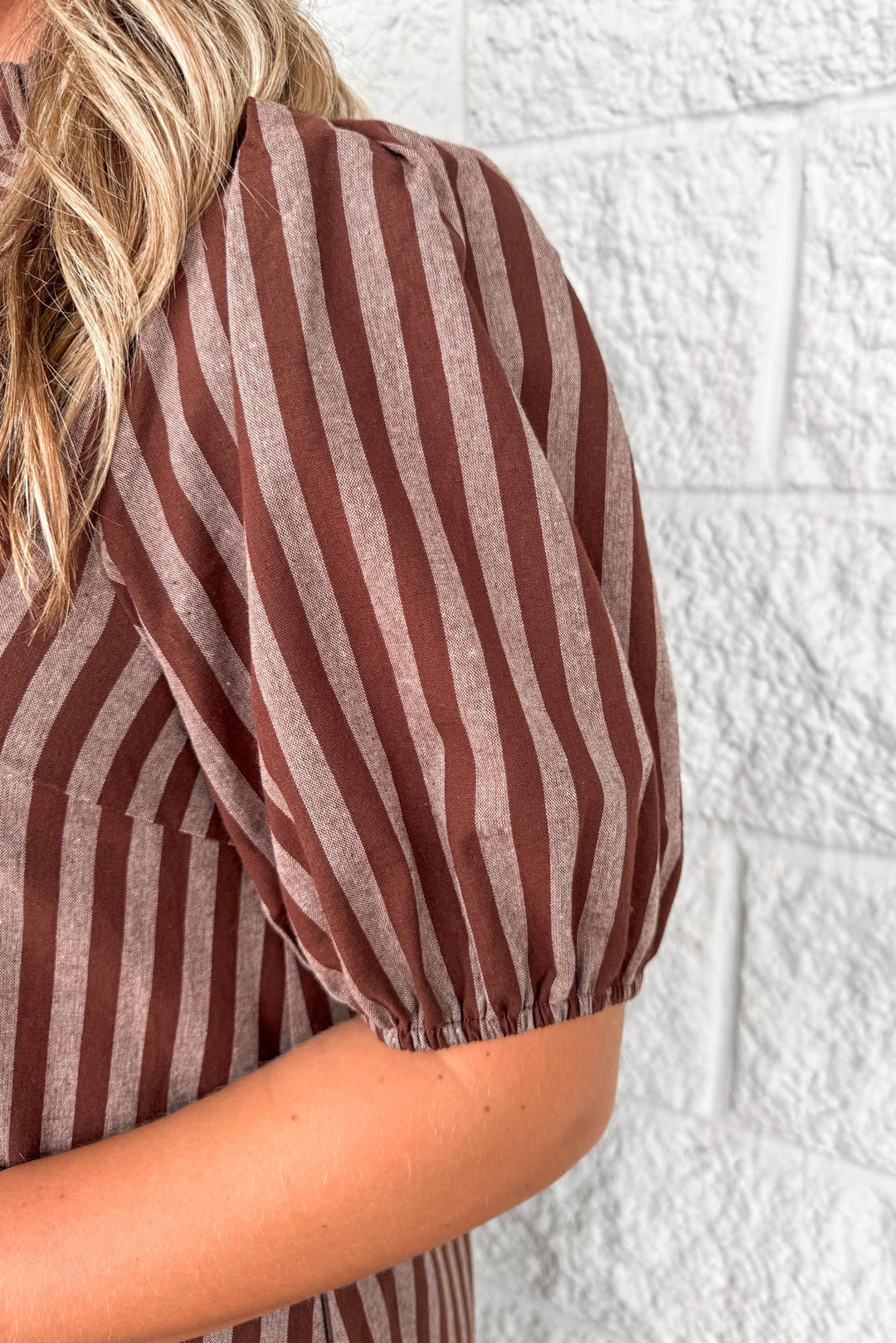 brown and mocha striped button front short puff sleeve cotton midi dress