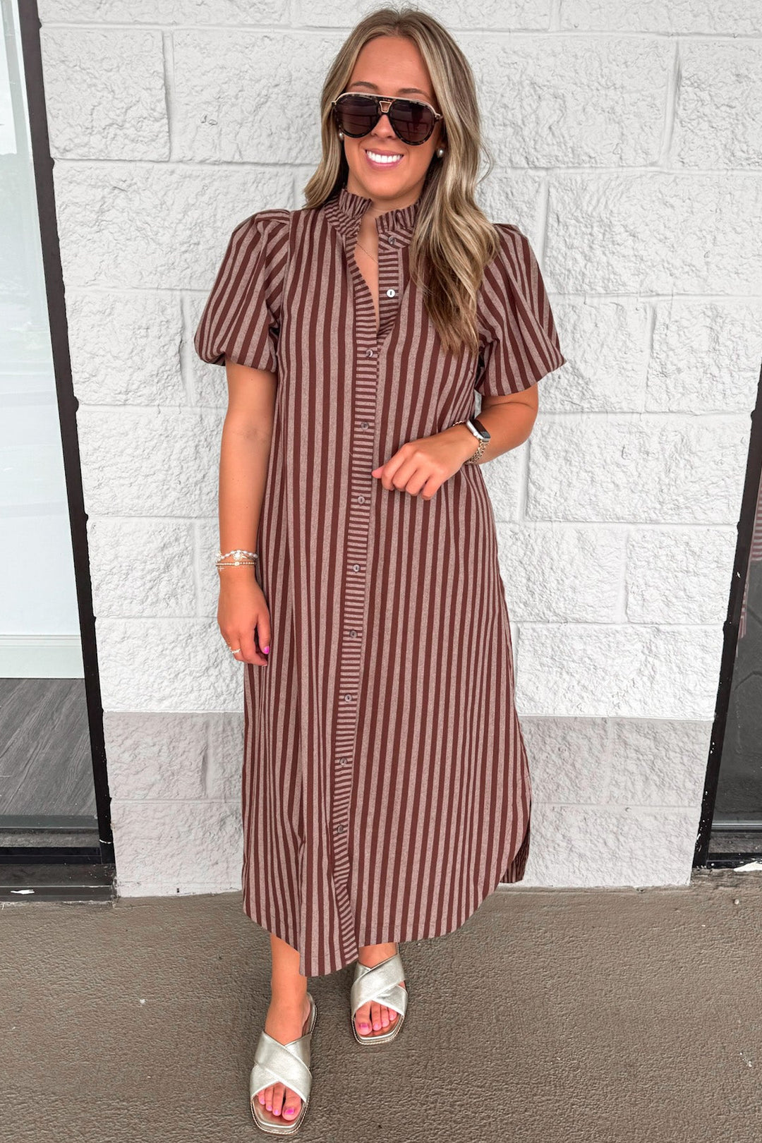 Entro Brown And Mocha Striped Midi Dress With Button Front – Purple Door Boutique