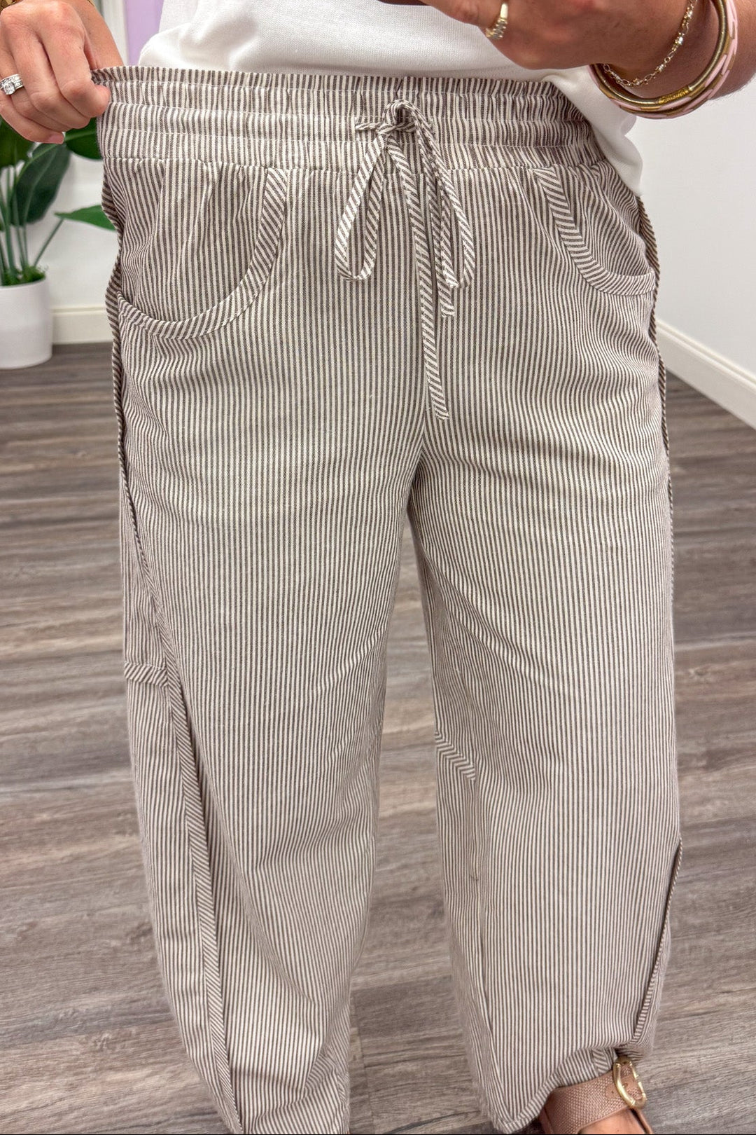chocolate brown striped drawstring elastic waist wide barrel leg cotton pants