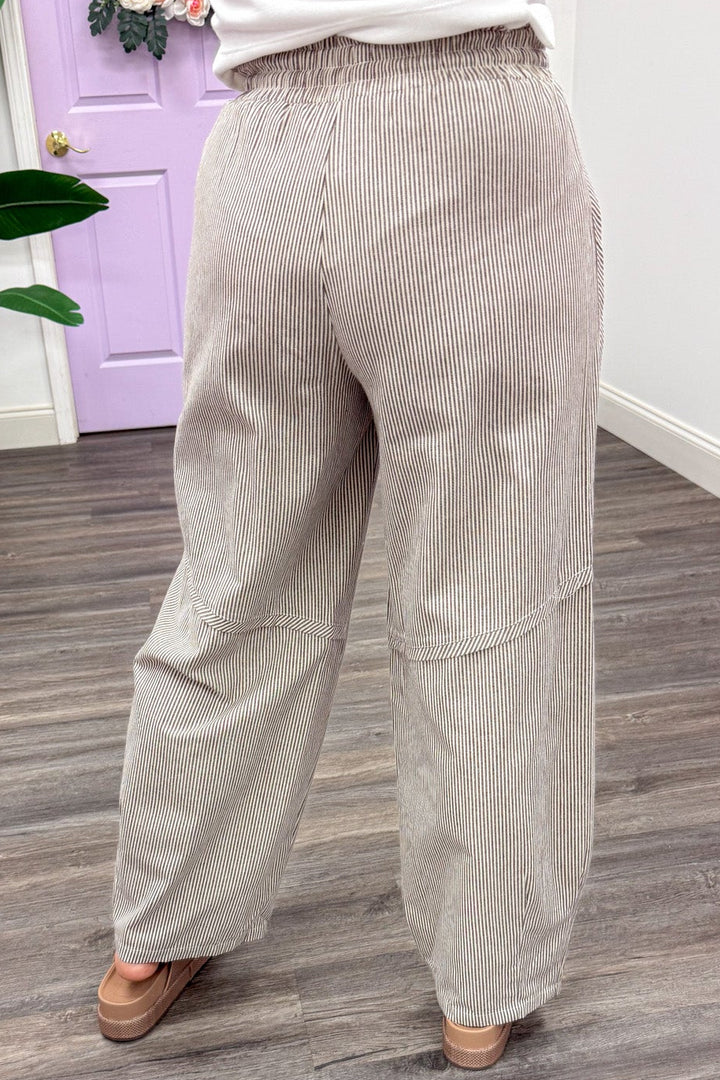 chocolate brown striped elastic waist wide barrel leg lightweight cotton pants