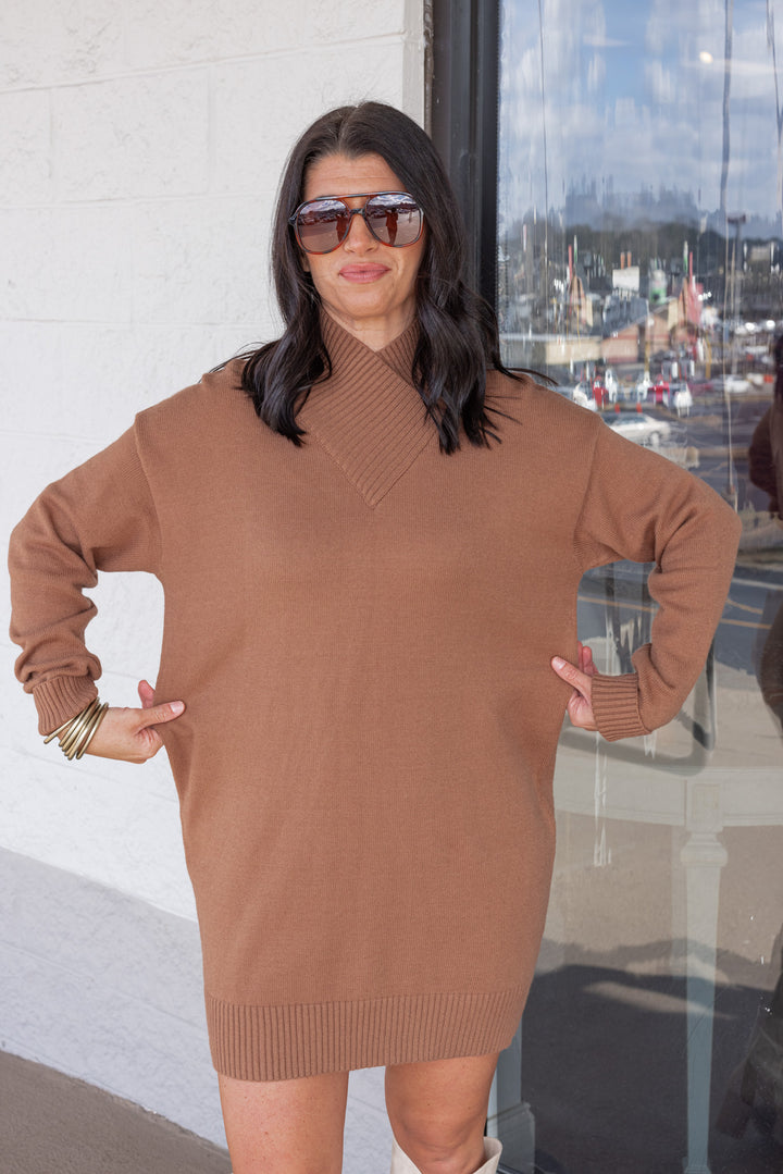 Women's cocoa brown mock neck sweater dress by Heyson showing true to size/snug fit