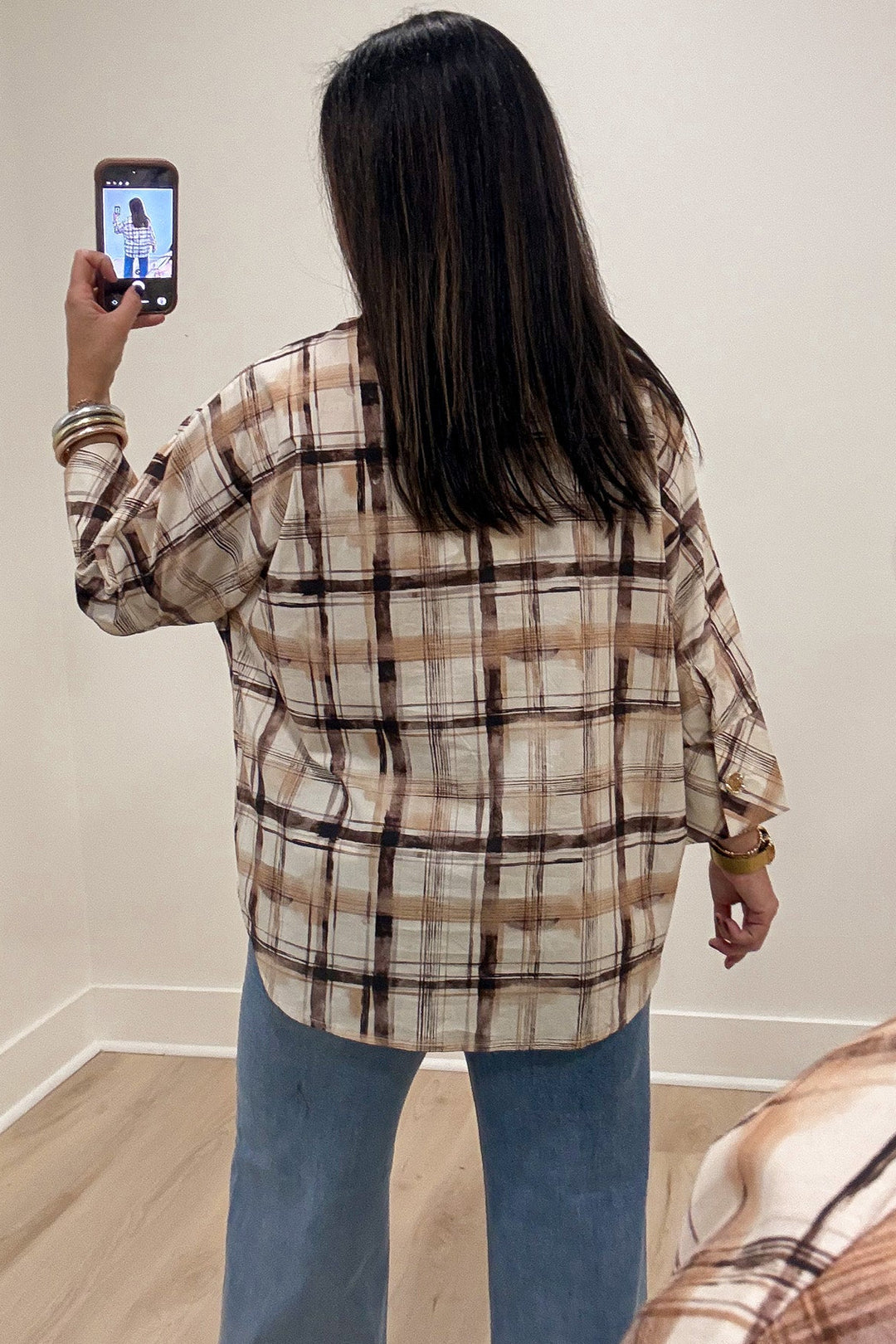 brown tan and cream plaid print half sleeve high neckline hi-low rounded bottom hem top
