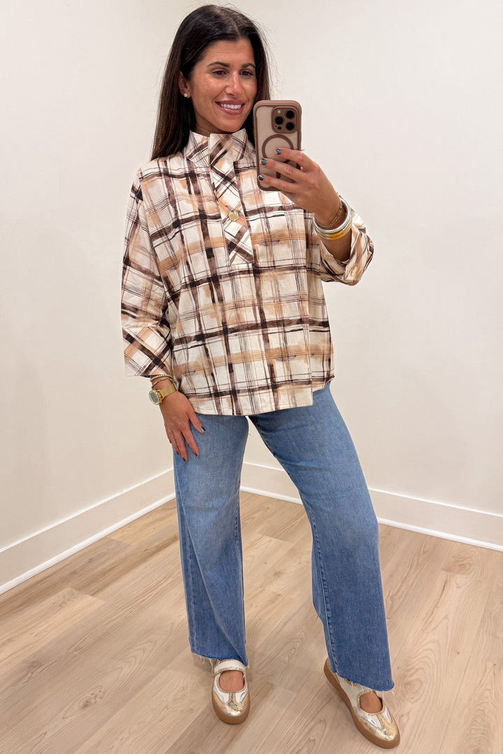 brown tan and cream plaid print cuffed half sleeve high neckline rounded bottom hem top