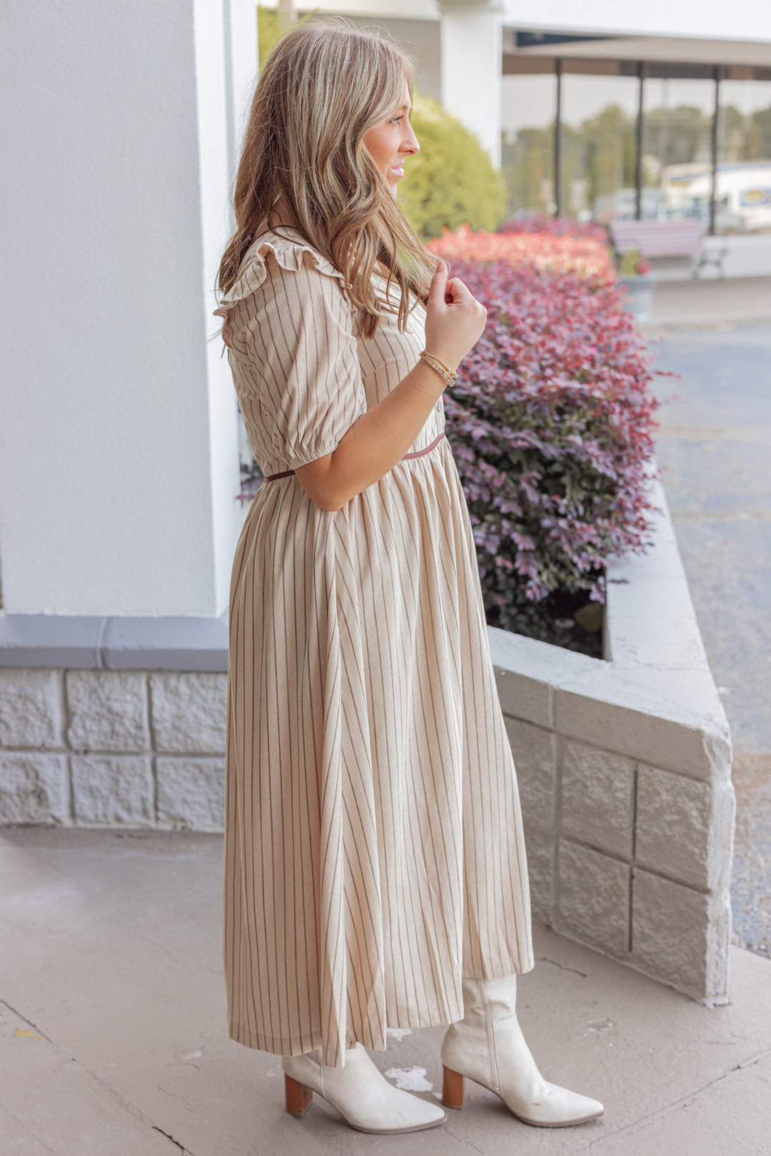 Tan and Chocolate Midi Dress by In February showing full side view