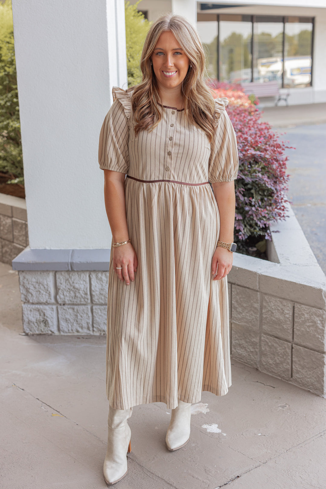 Tan and Chocolate Midi Dress by In February showing full front view