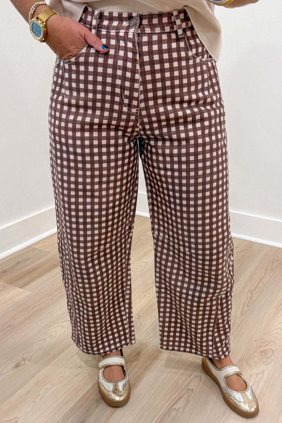 brown and taupe gingham checkered print denim barrel pants with adjustable waist and button zipper closure