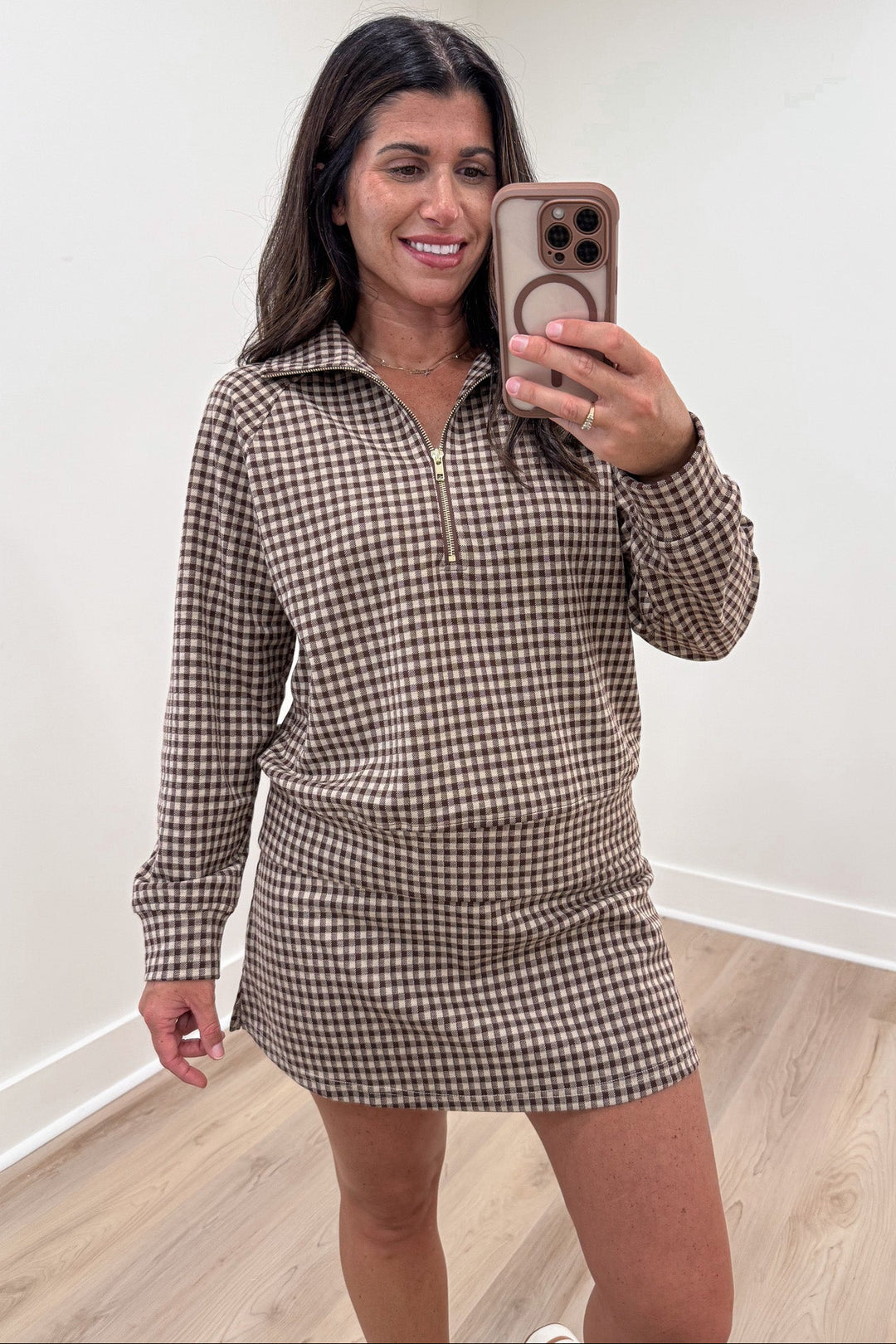 brown and taupe gingham checkered print long sleeve half zip pullover top