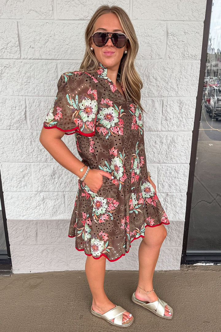brown with teal and rust floral print scalloped trim eyelet short dress with side pockets