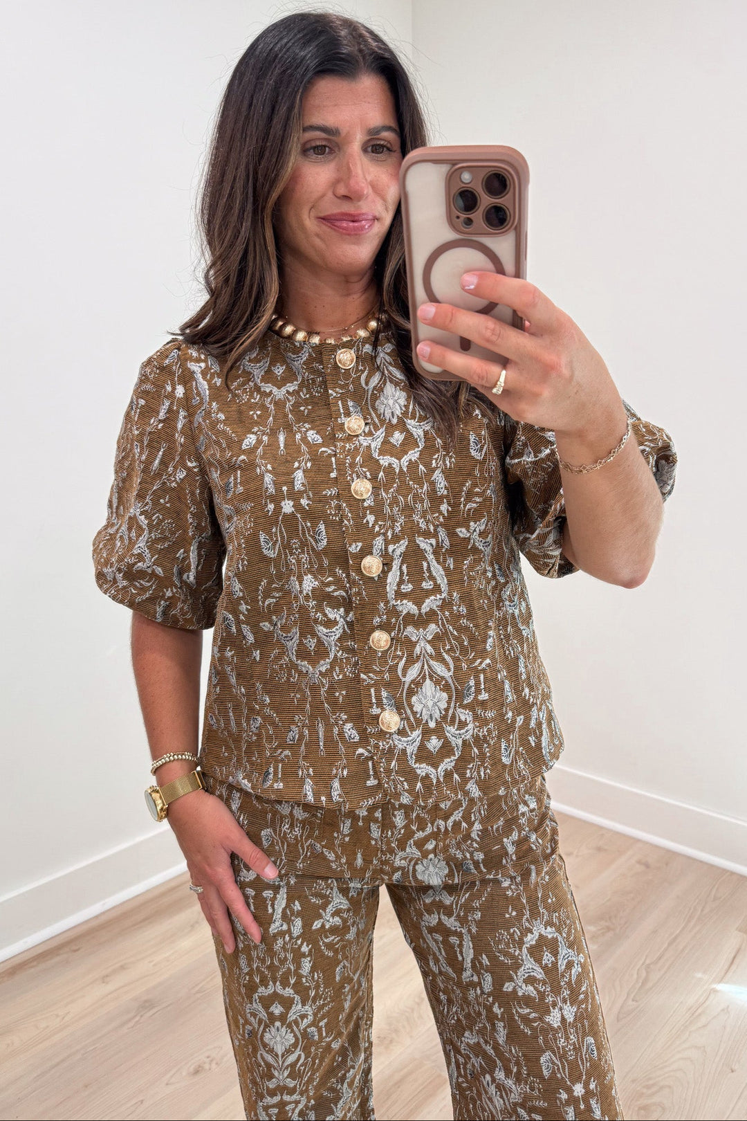 textured brown with silvery blue jacquard paisley print button front top