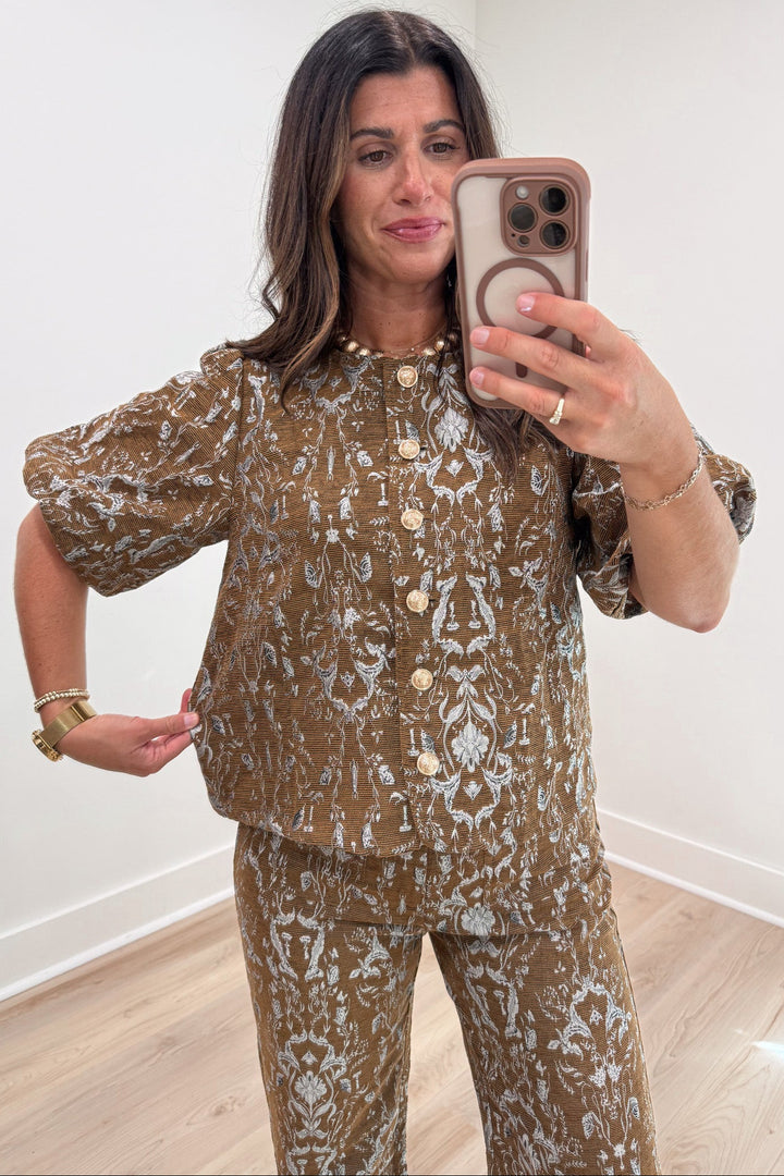 textured brown with silvery blue jacquard paisley print button front relaxed fit top