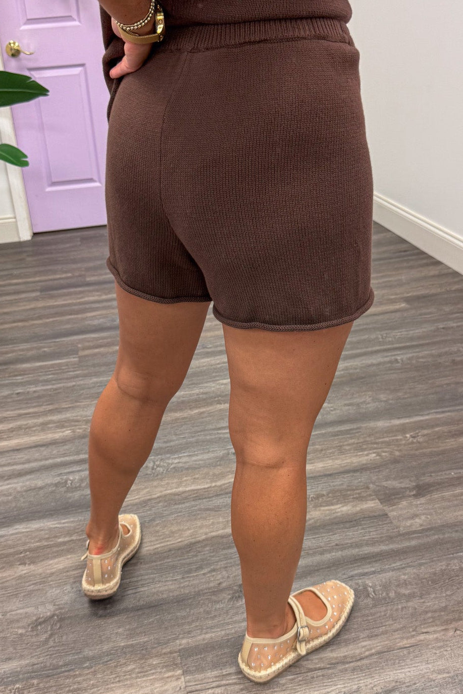 solid espresso brown top and shorts matching lightweight sweater knit loungewear set