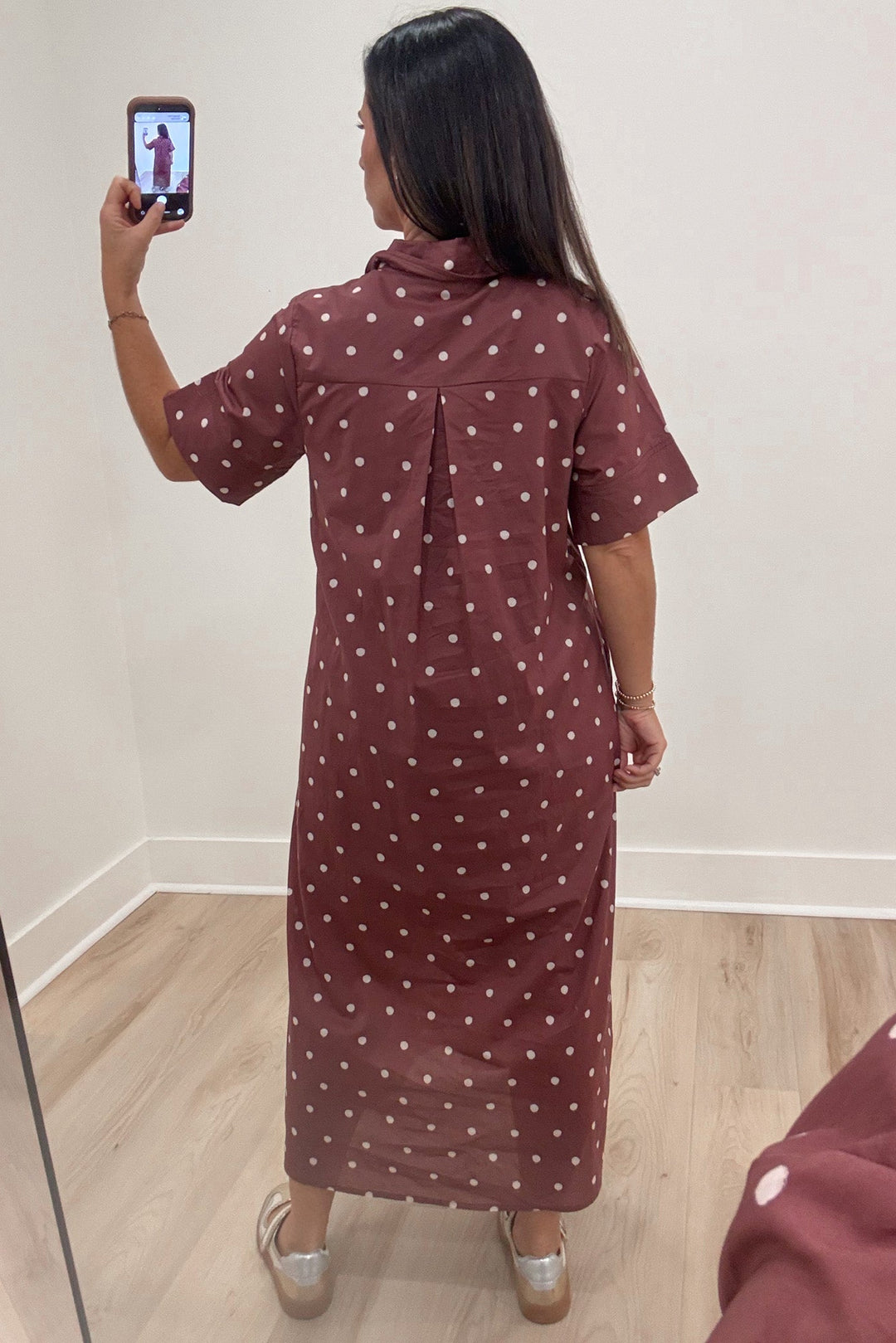 brown with off-white polka dot print short sleeve button front cotton poplin midi dress with back gathered detail