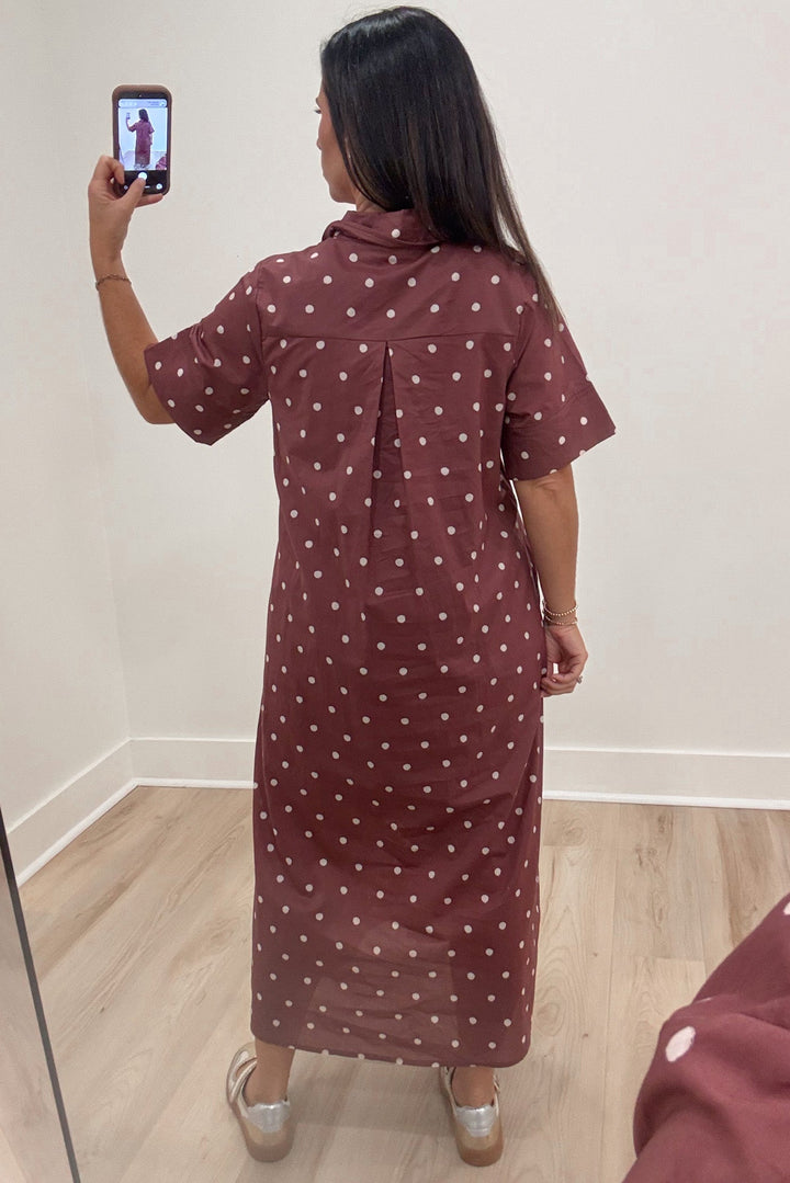 brown with off-white polka dot print short sleeve button front cotton poplin midi dress with back gathered detail
