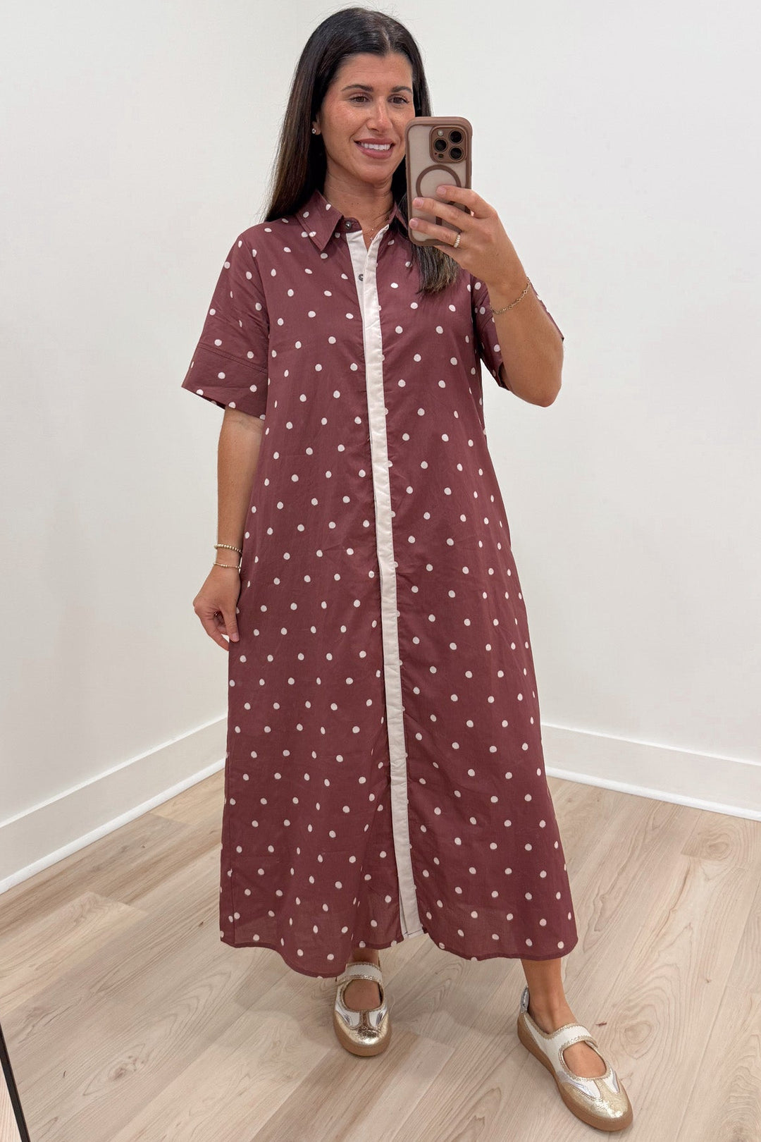 brown with off-white polka dot print short sleeve button front cotton poplin midi dress