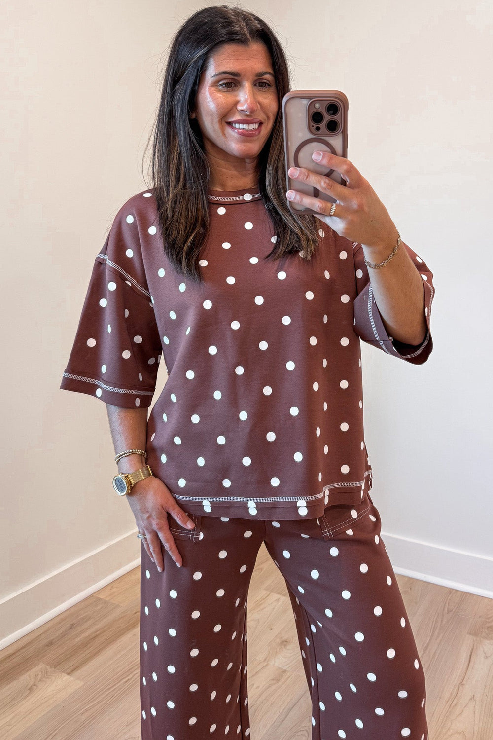 chocolate brown with white polka dot print short sleeve top and pants matching knit set