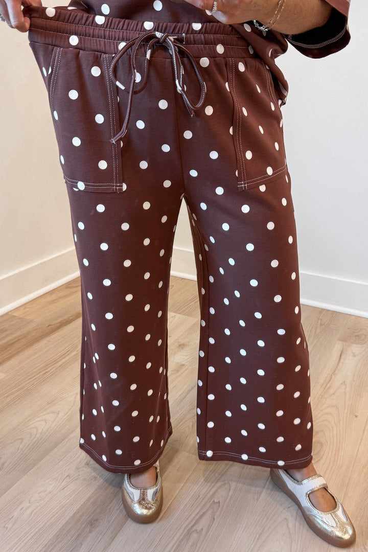 chocolate brown with white polka dot print top and elastic waist pants matching knit set