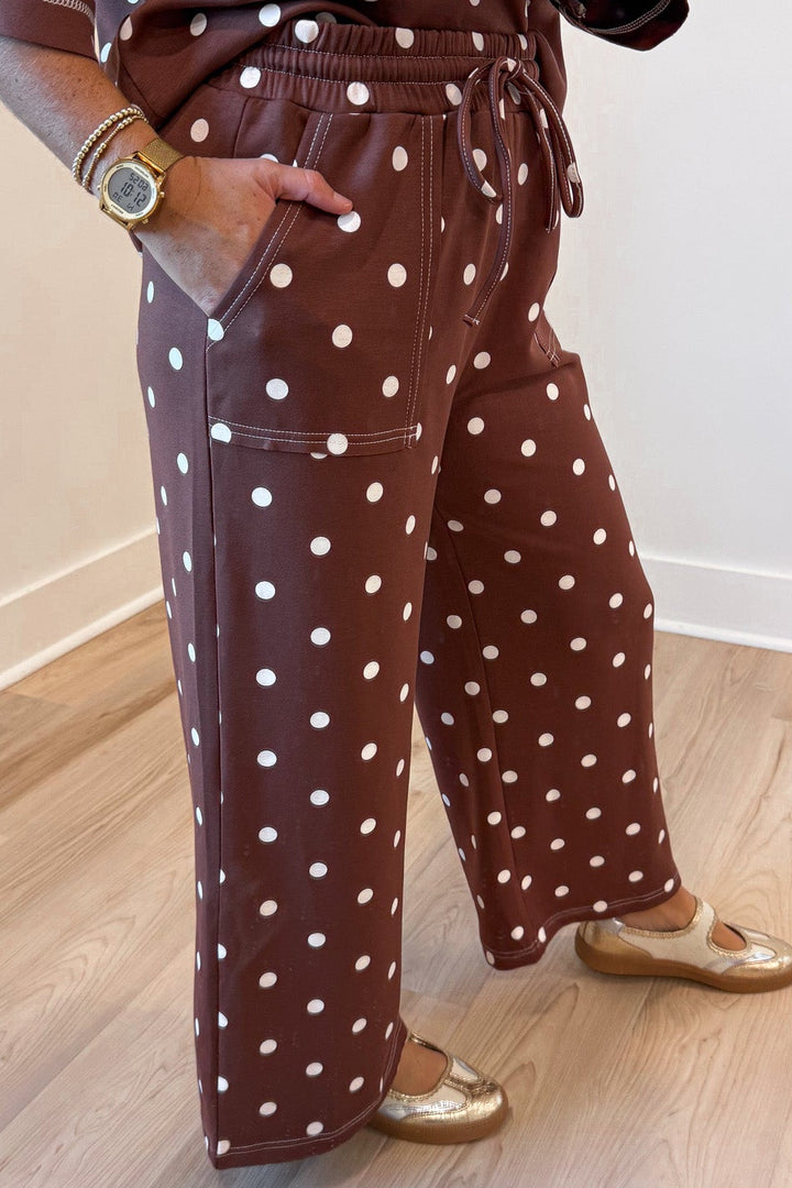 chocolate brown with white polka dot print top and front pocket pants matching knit set