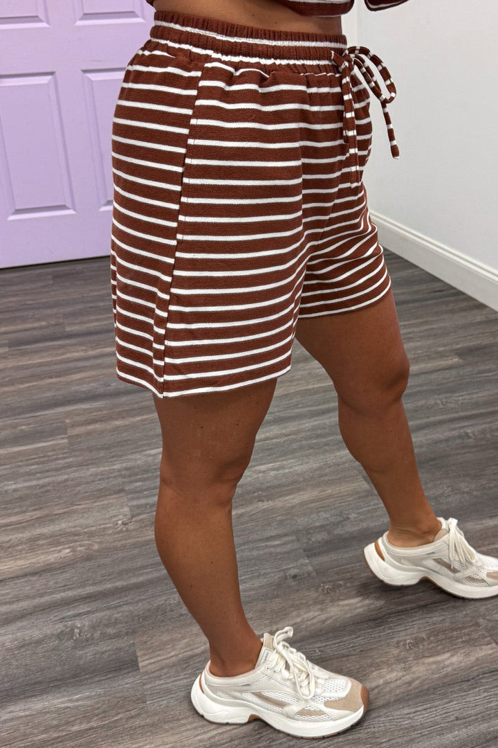 brown and white horizontal striped top and drawstring shorts knit matching loungewear set