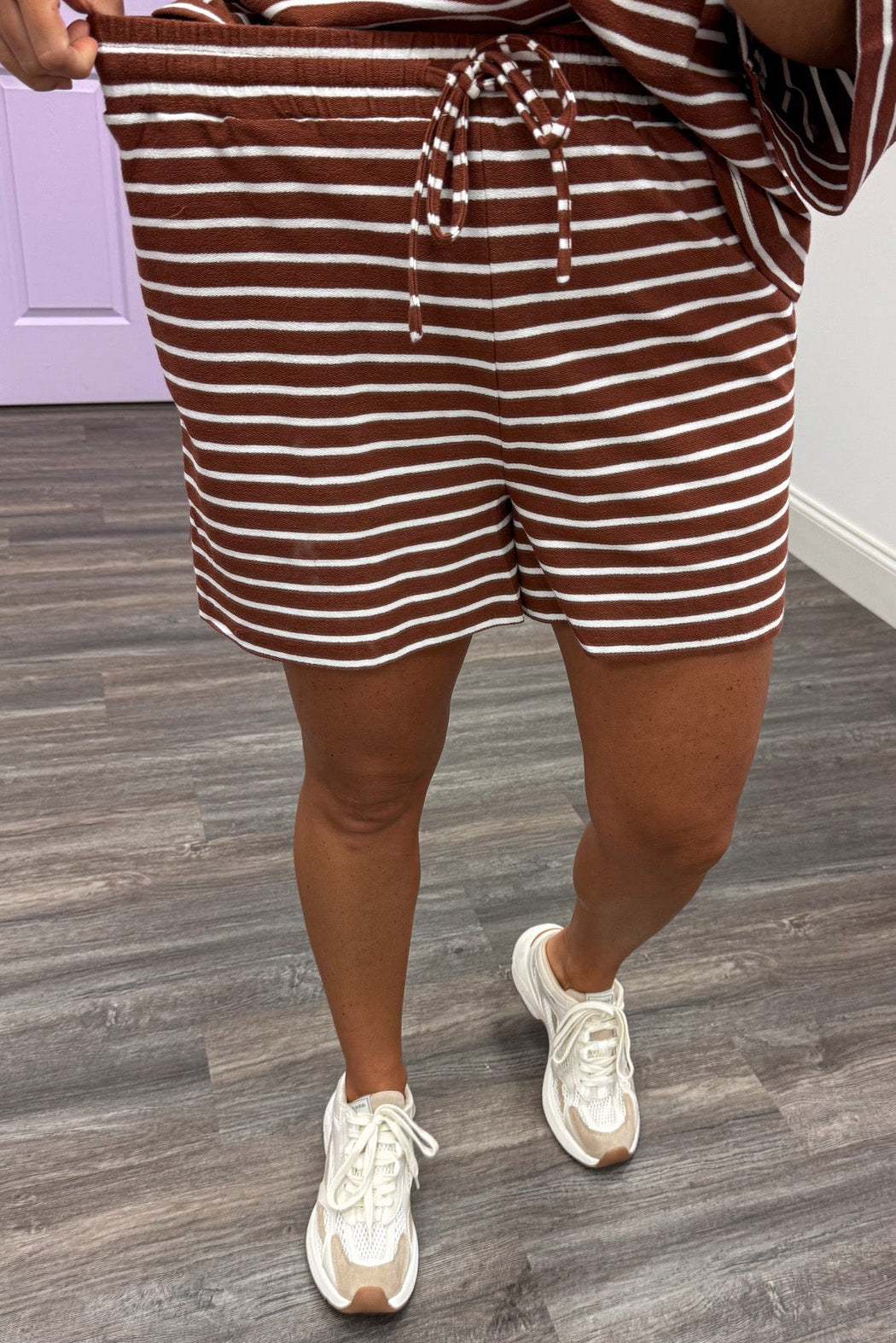brown and white horizontal striped top and elastic waist shorts knit matching loungewear set
