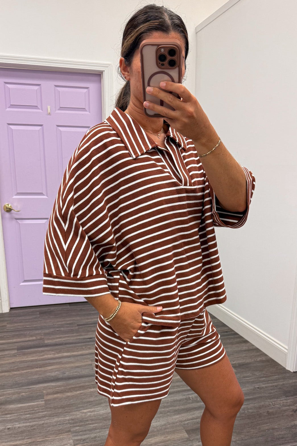 brown and white horizontal striped drop shoulder short sleeve top and shorts knit matching loungewear set